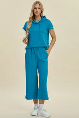 Trendsi Double Take Full Size Texture Drawstring Short Sleeve Hoodie and Pocketed Pants Set -
