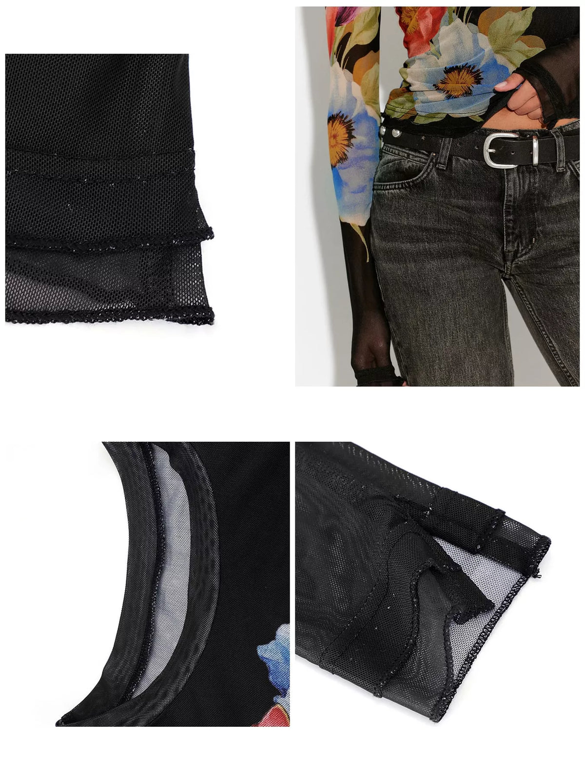 Floral Print Sheer Mesh Long Sleeve T-Shirt, detail view in black