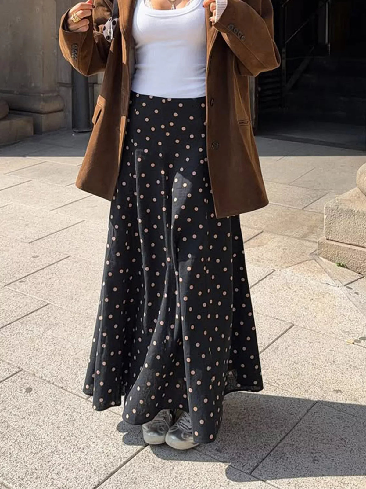 Polka Dot High-Waisted A-Line Skirt in black, front view