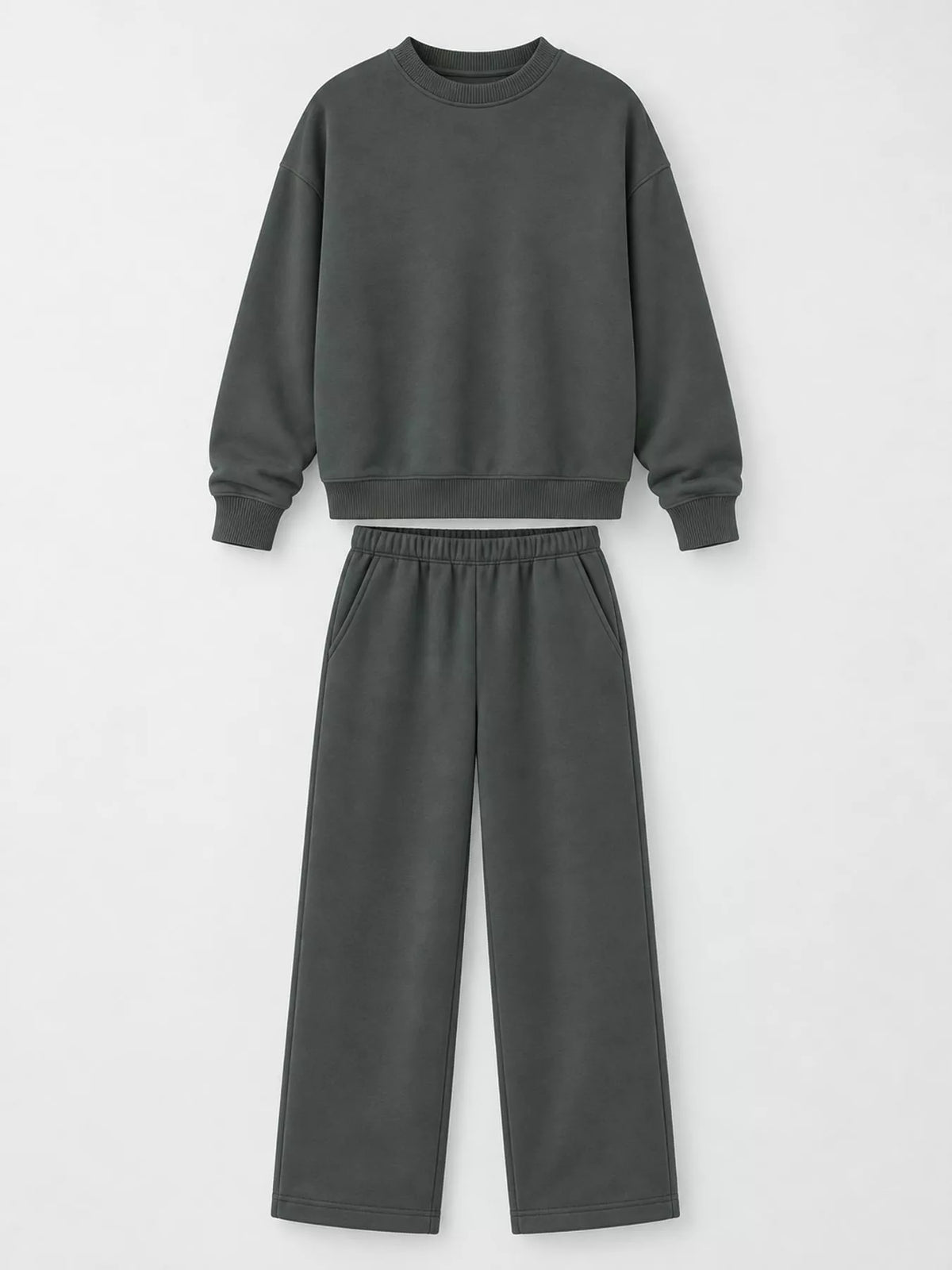 Crewneck Drop Shoulder Sweatshirt and Wide-Leg Pants Set — garment front