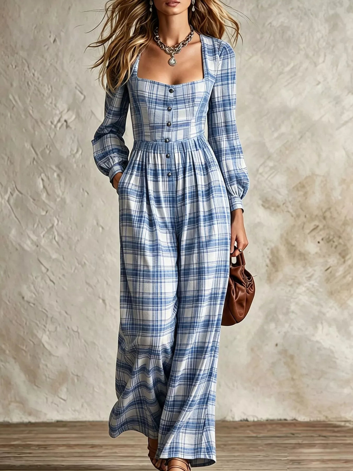 Plaid jumpsuit, light blue front