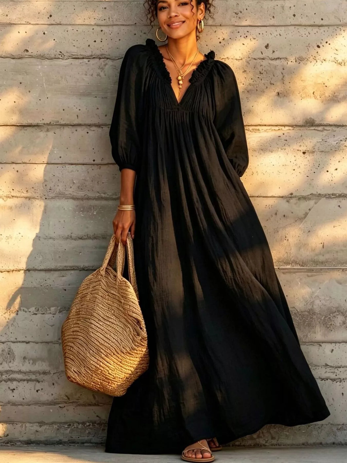 Black tiered notched 3/4 sleeve maxi dress