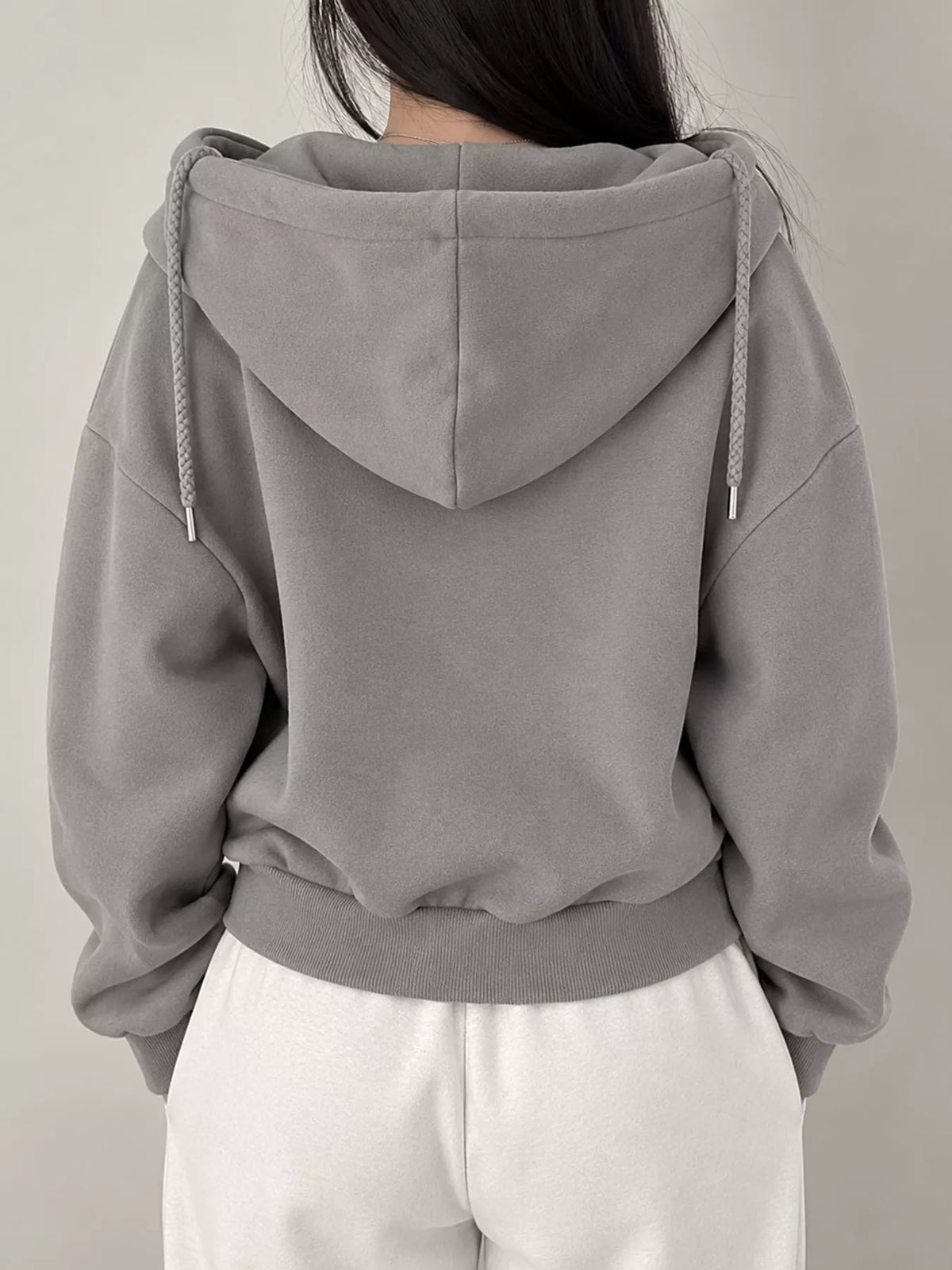Dark Gray oversized zip-up cropped hoodie, back view