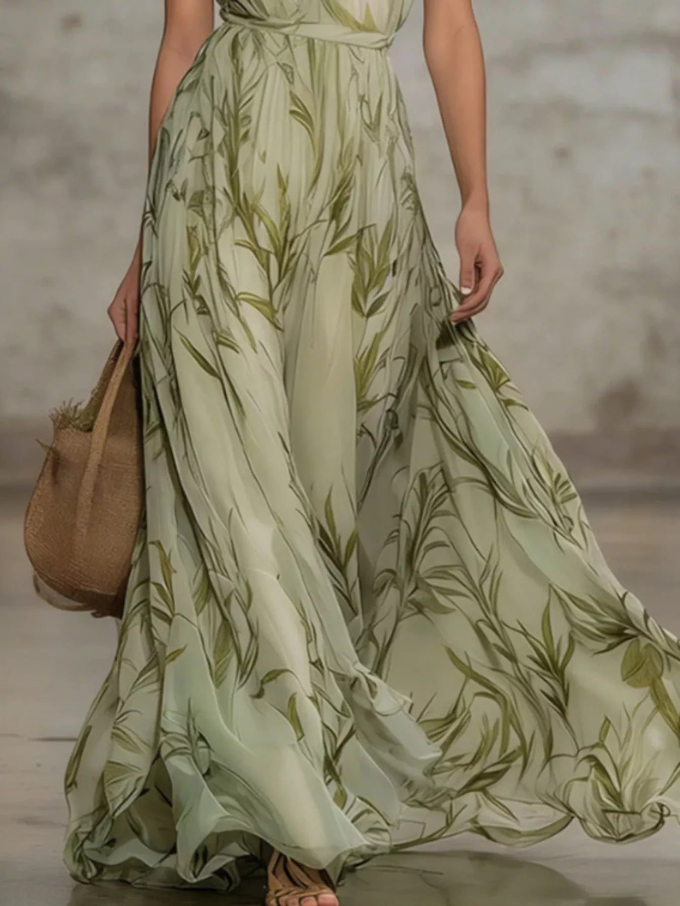 Trendsi Leaf Print Sleeveless Chiffon Maxi Dress -