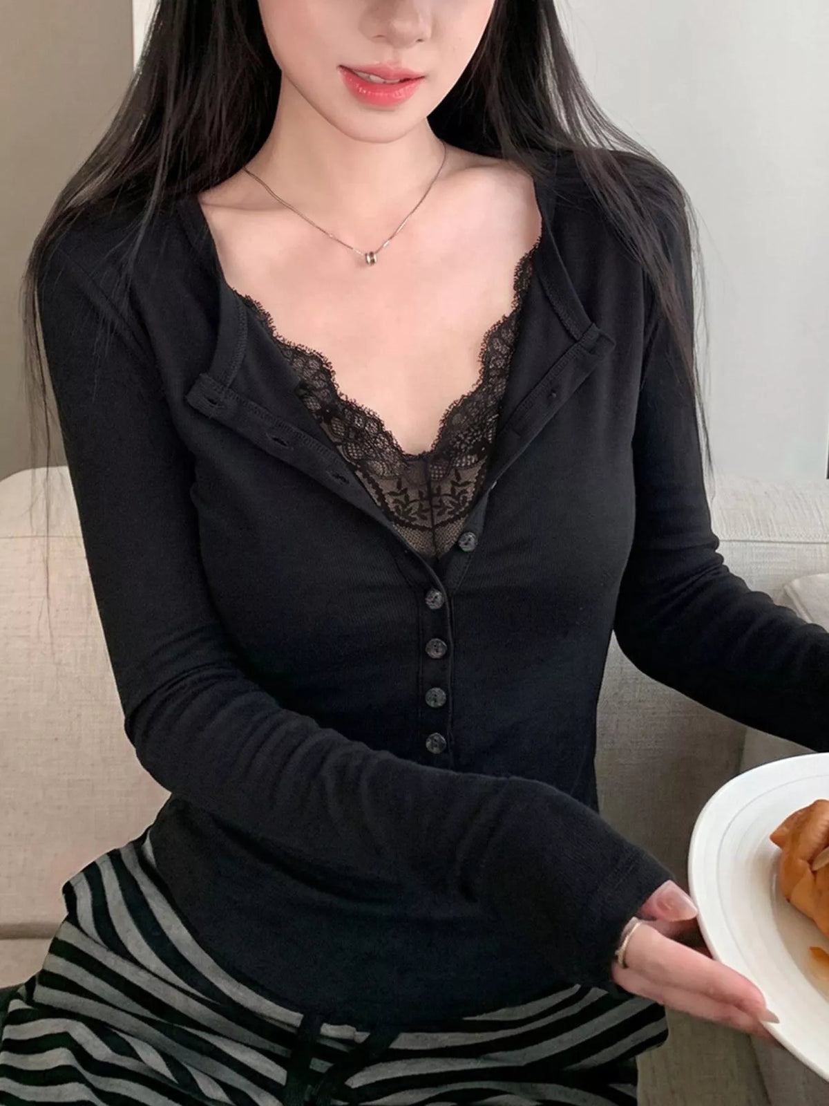 Lace Detail Long Sleeve T-Shirt in black