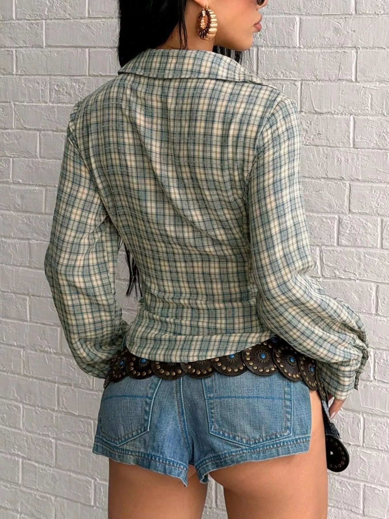 Trendsi Plaid Deep V-Neck Long Sleeve Slim Fit Blouse -