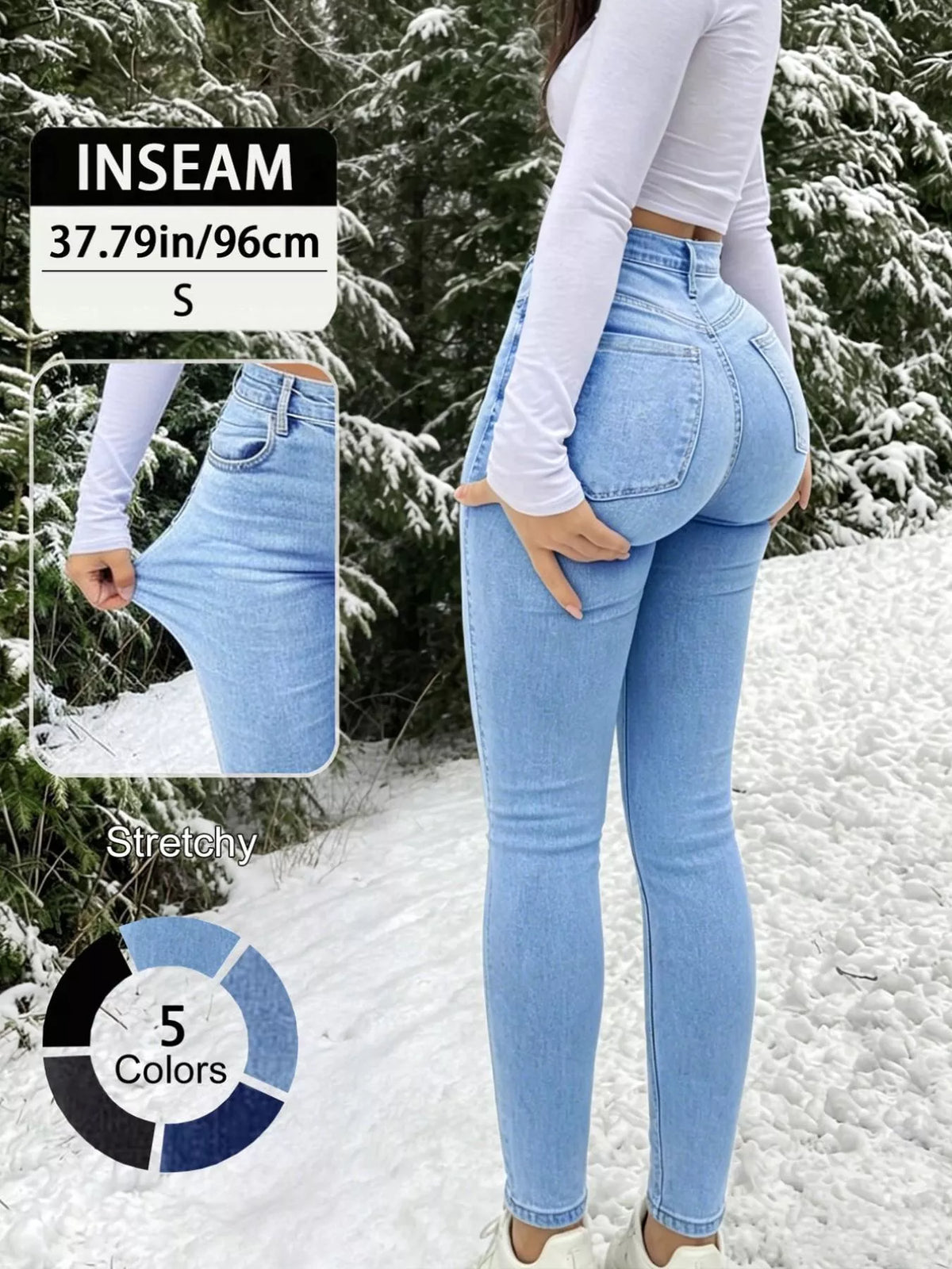 Skinny jeans, blue back with measurement inset
