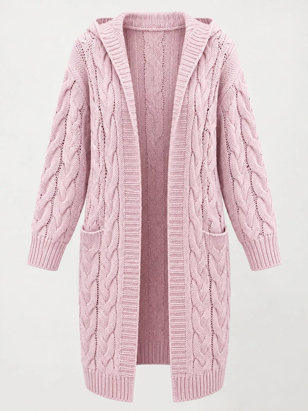 Hooded Cable Knit Longline Cardigan in pink