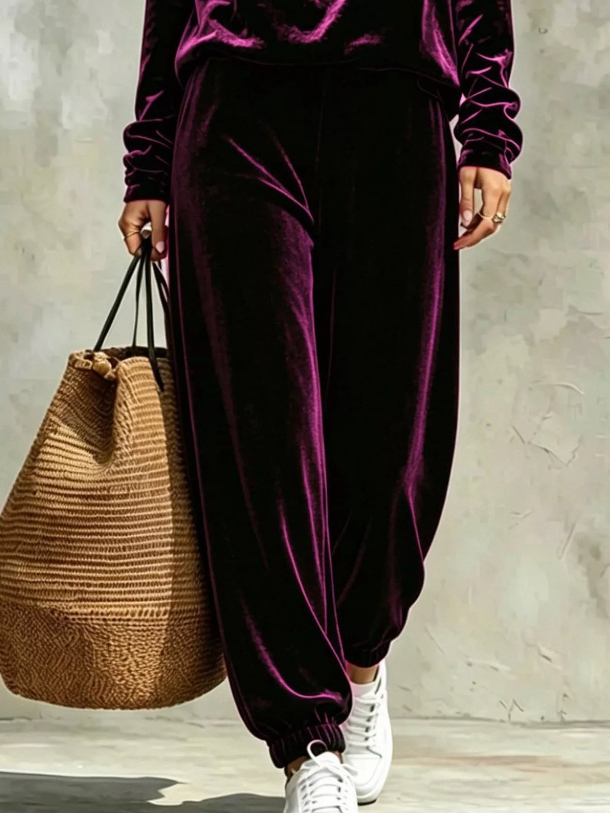 Purple velvet cowl neck top and pants set, pants detail