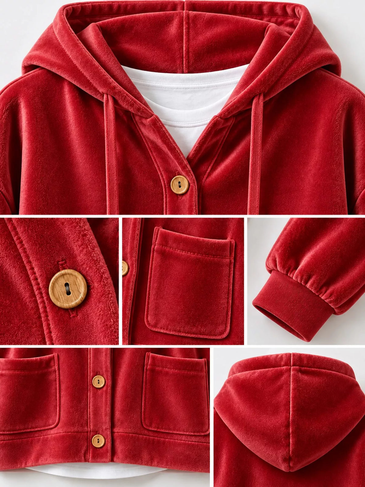 Red velvet dropped shoulder hoodie, detail view
