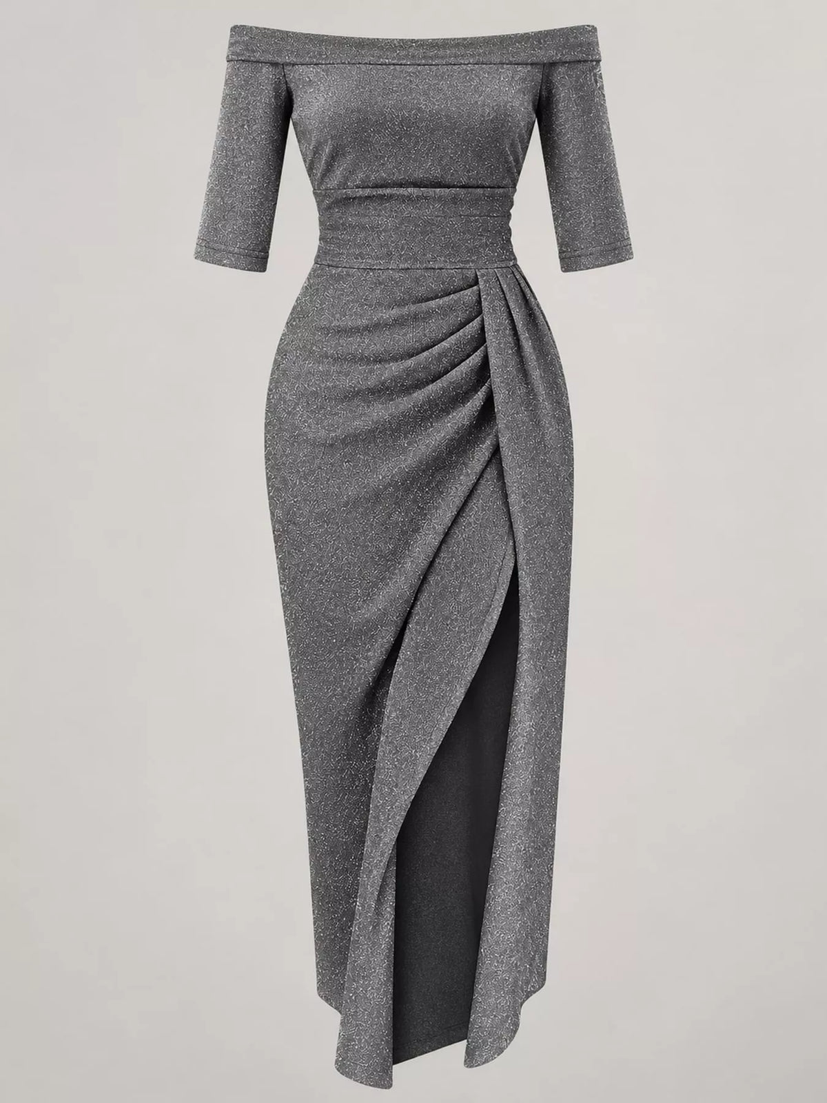 Off-shoulder slit dress, gray flat lay