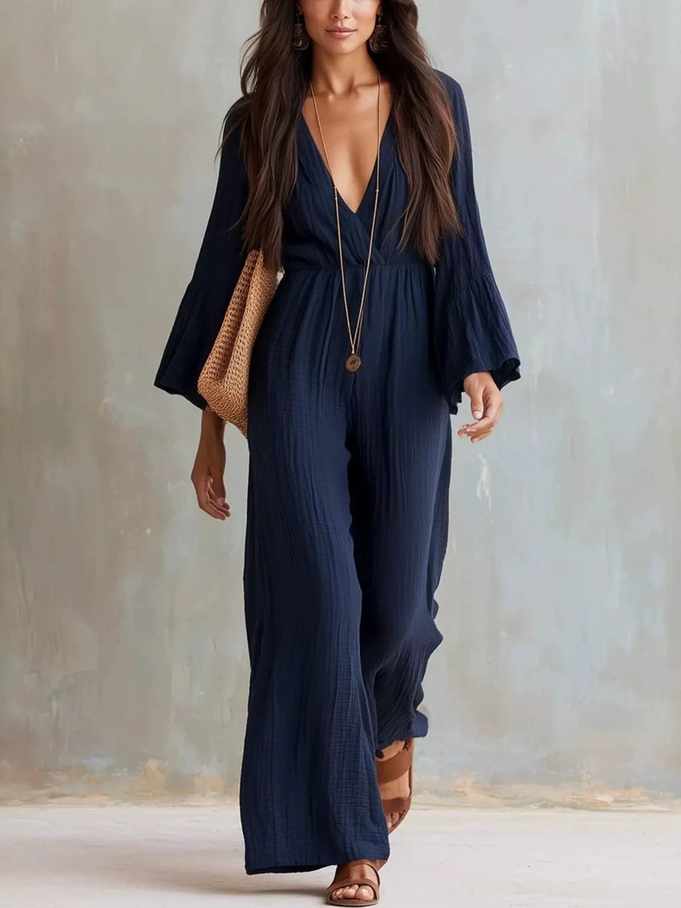 Trendsi Textured Flare Sleeve Jumpsuit -