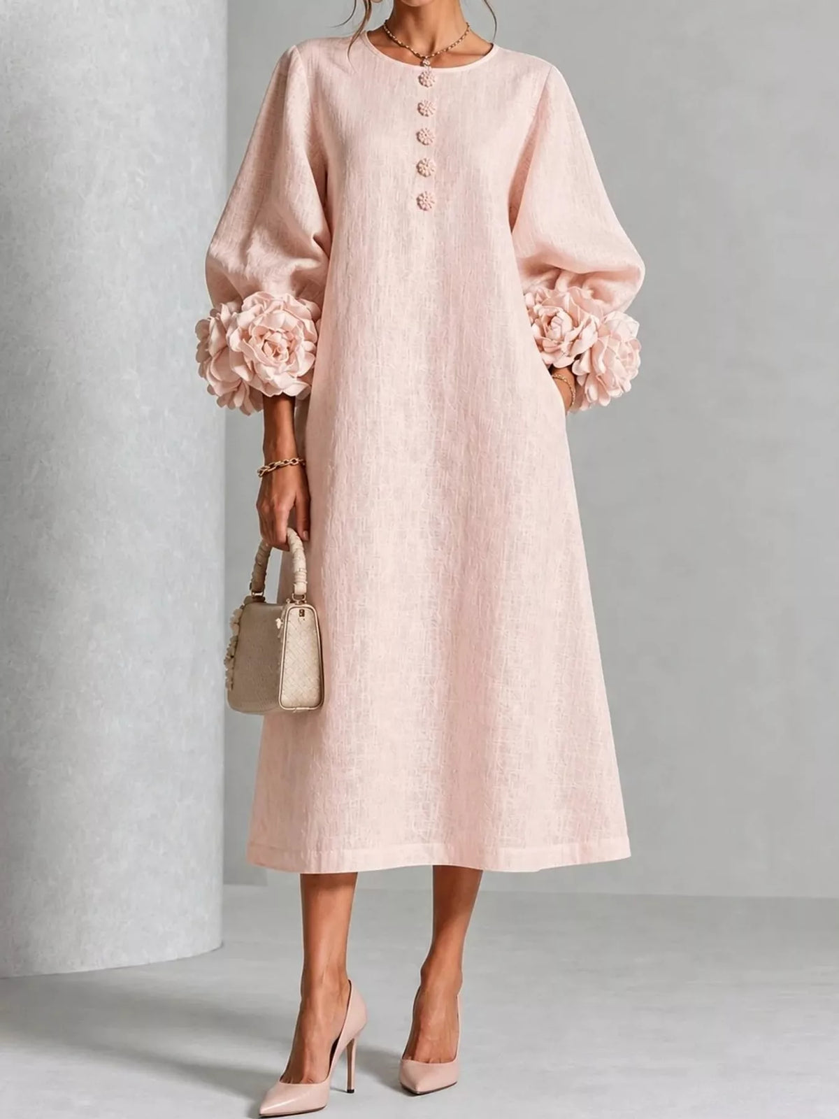 Floral Applique Sleeve Midi Dress in pink