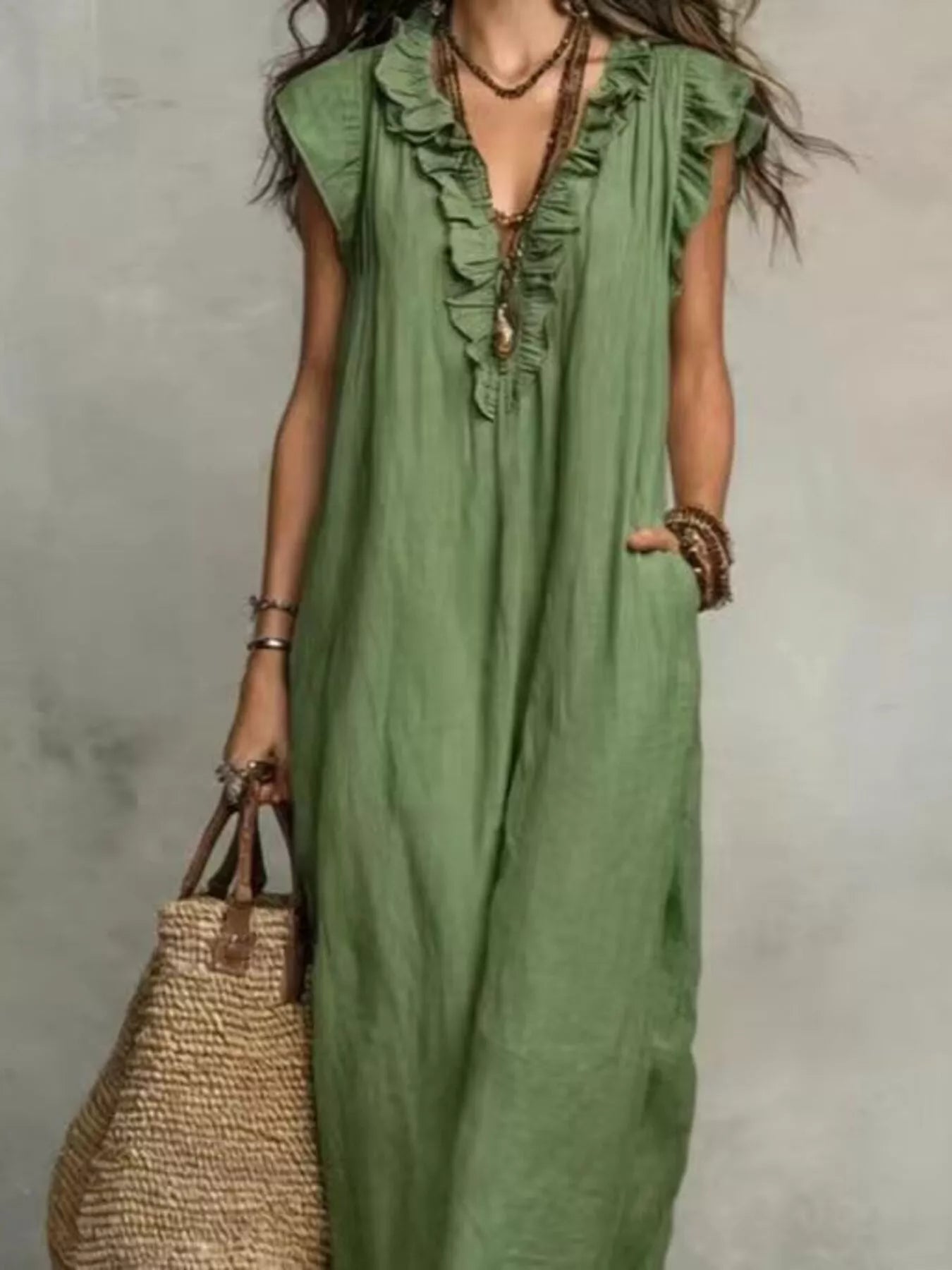 Trendsi Full Size Bohemian Ruffle Neck Maxi Dress Plus Size -