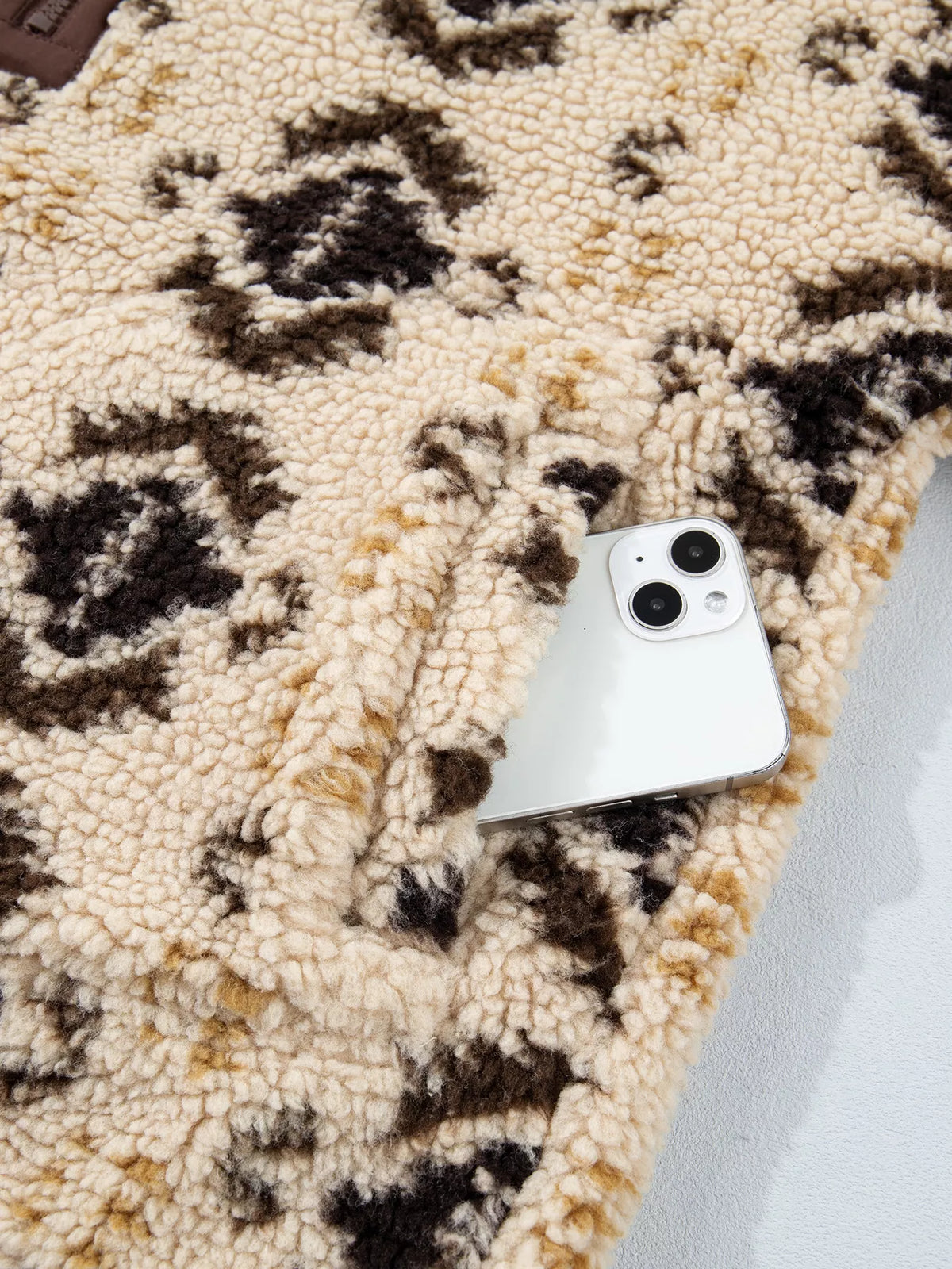 Aztec Print Quarter-Zip Sherpa Sweatshirt in khaki, construction detail