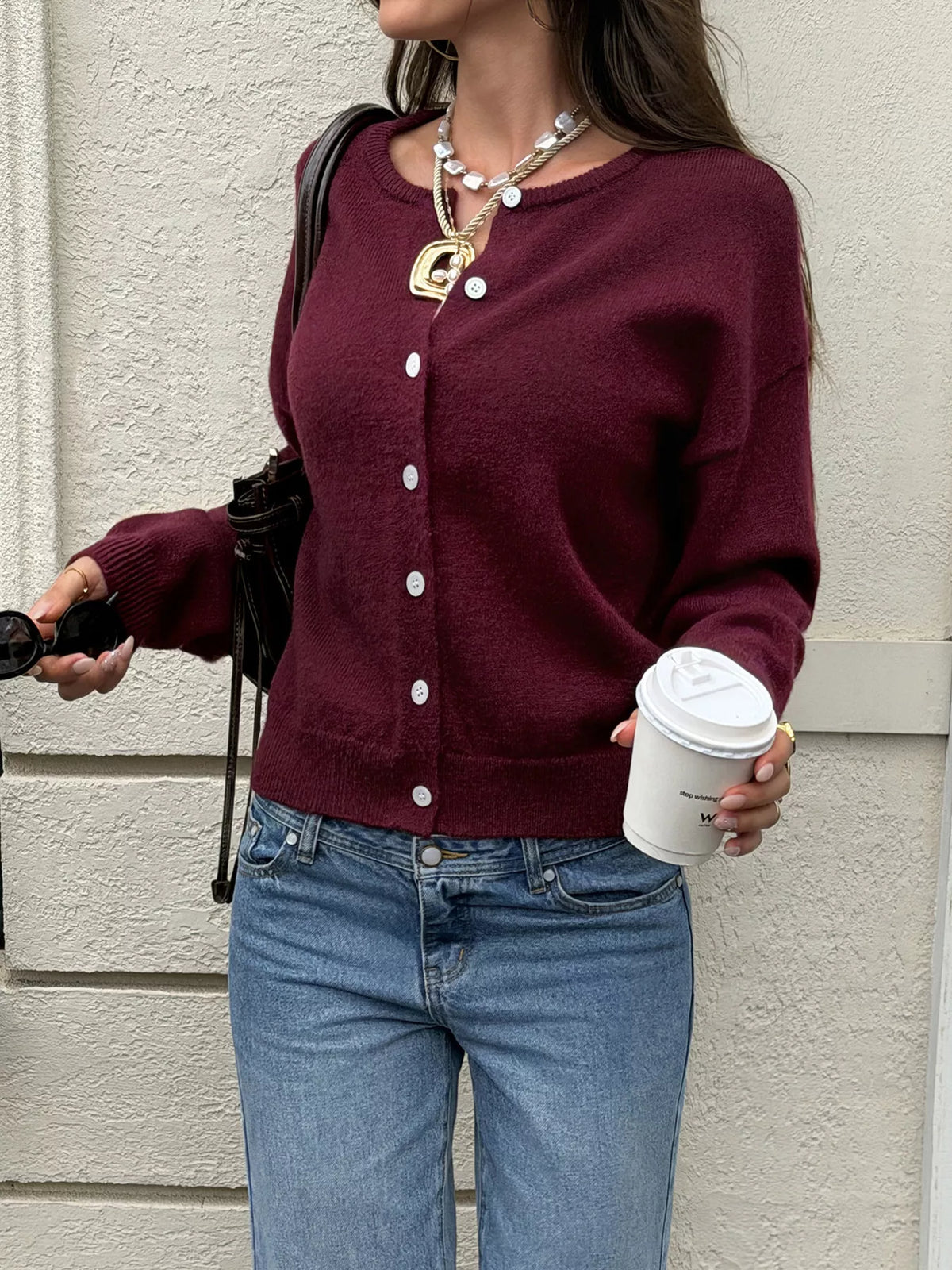 Wine red drop-shoulder button-down cardigan