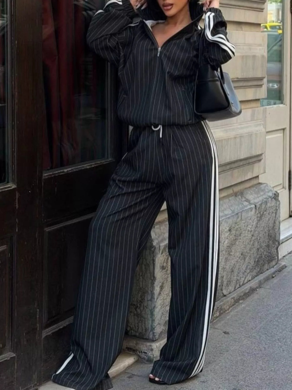 Trendsi Side Stripe Zip Up Jacket and Pants Set -