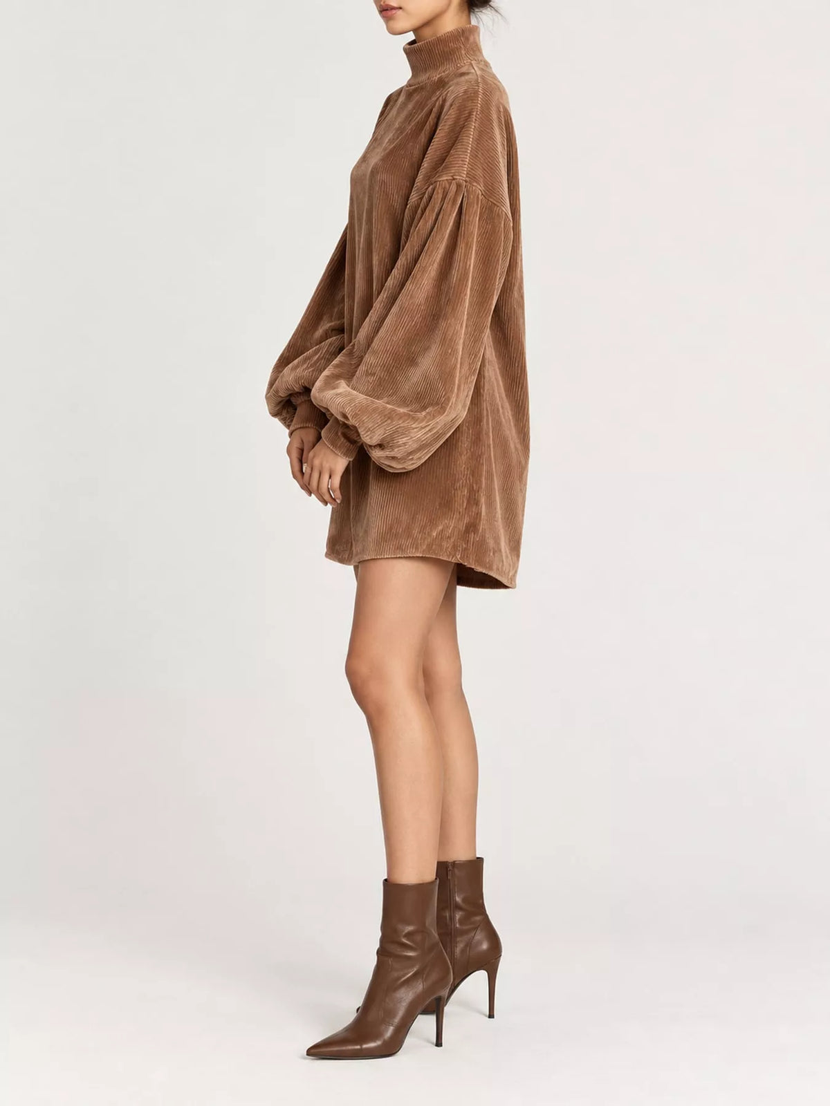 Corduroy Mock Neck Lantern Sleeve Mini Dress in brown, side view
