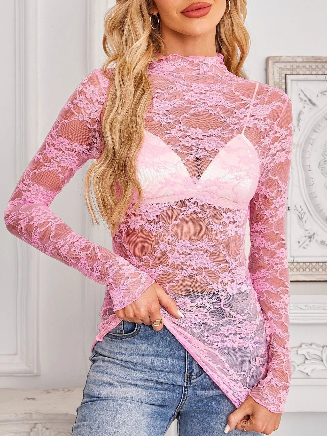 Trendsi Sheer Floral Lace Long Sleeve Top -