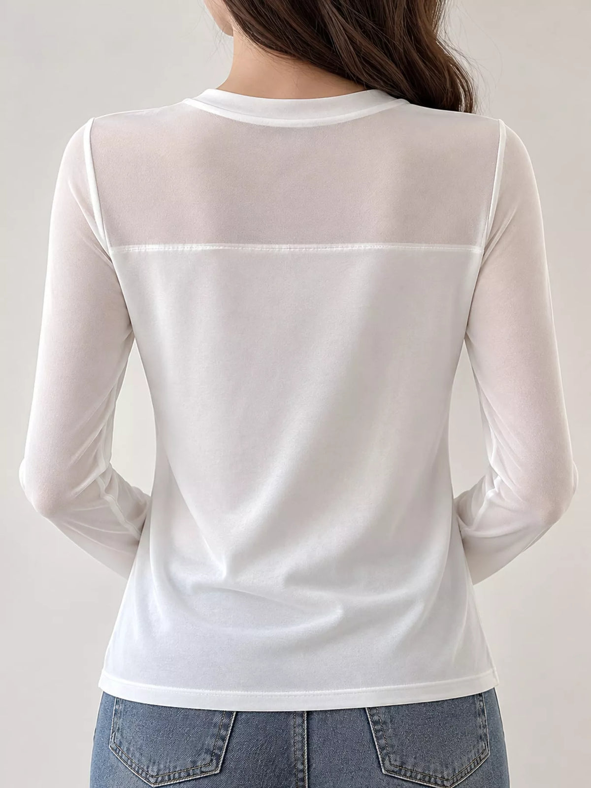 White sheer mesh patchwork long sleeve t-shirt, back view