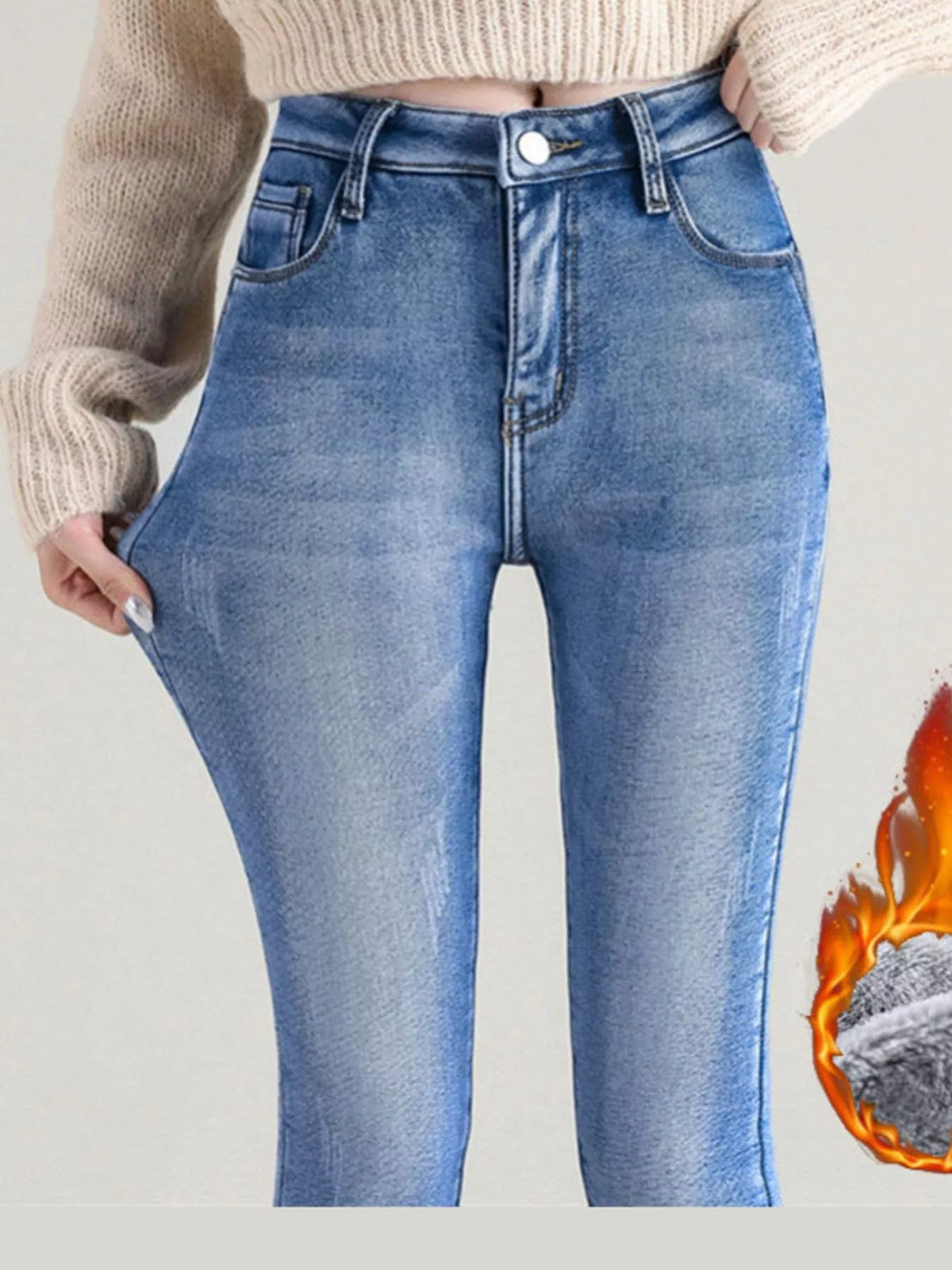 High-Waisted Slim-Fit Stretch Fleece Jeans — front view