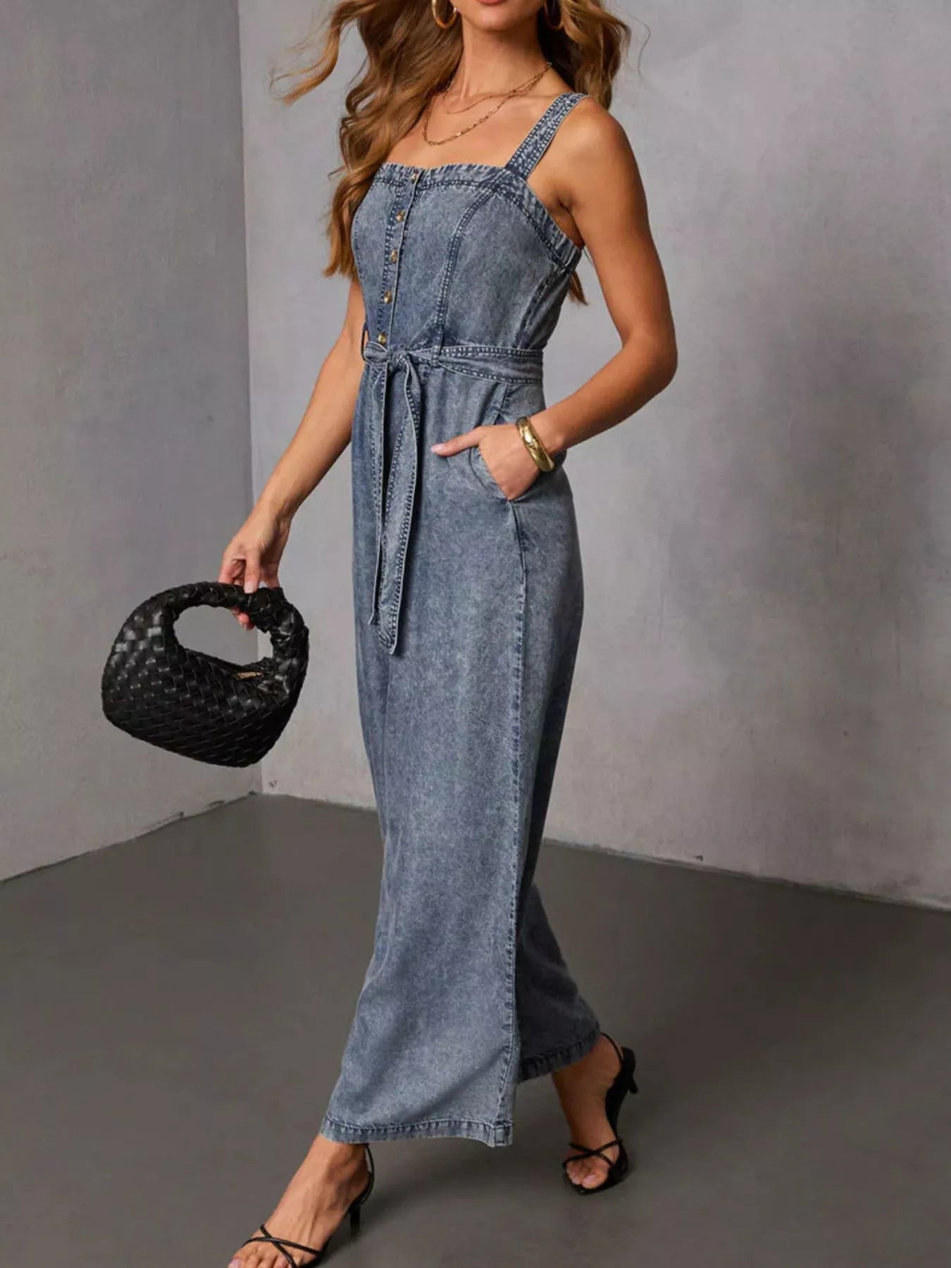 Trendsi Belted Waist Wide Leg Denim Jumpsuit -