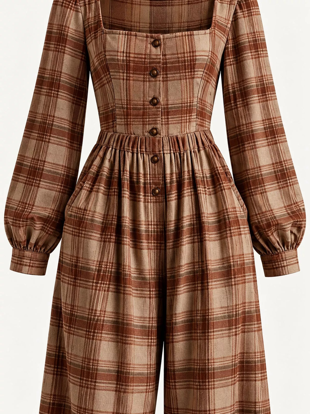 Plaid jumpsuit, brown button cuff detail collage