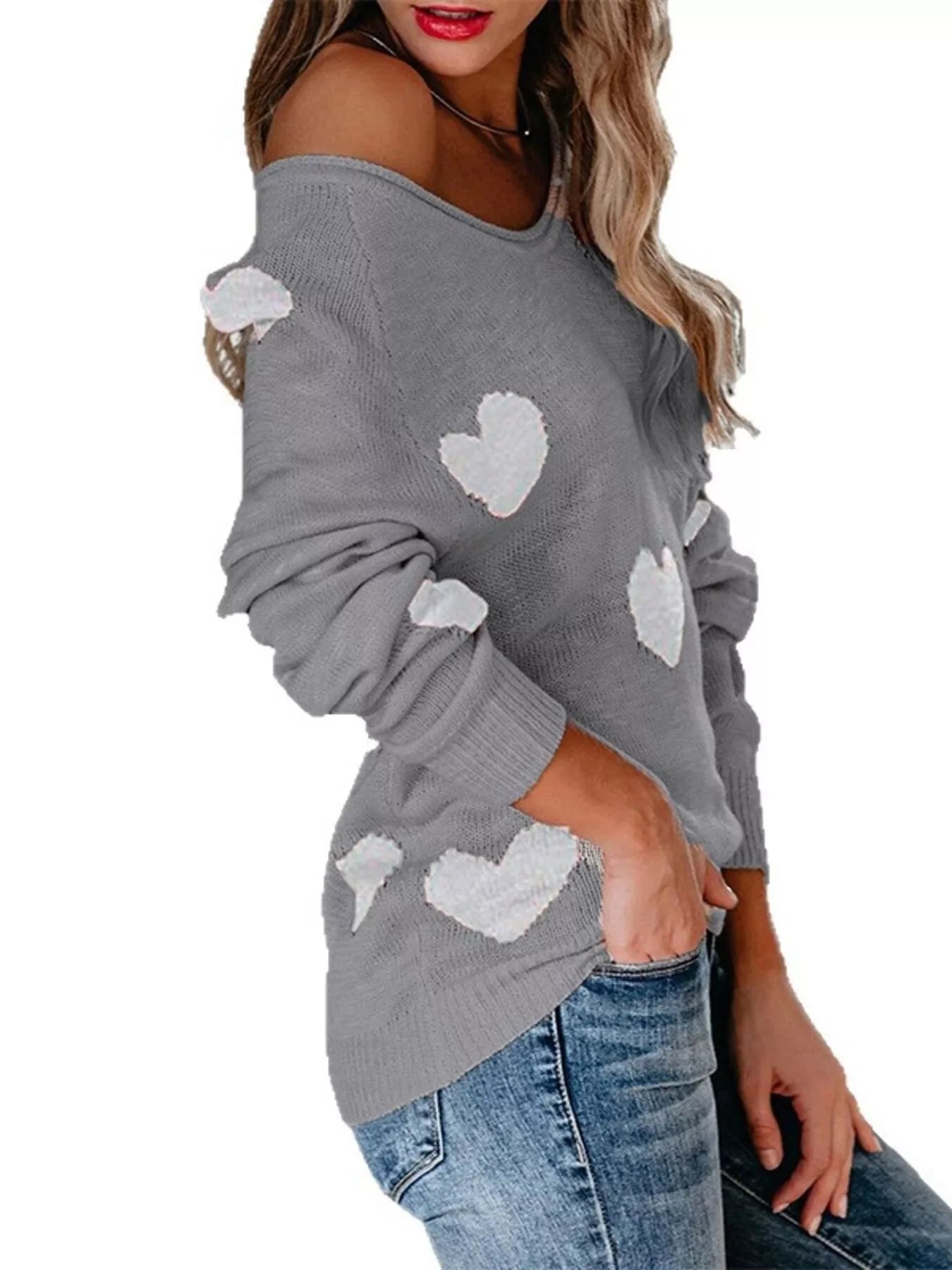 Trendsi Heart Pattern V-Neck Sweater -