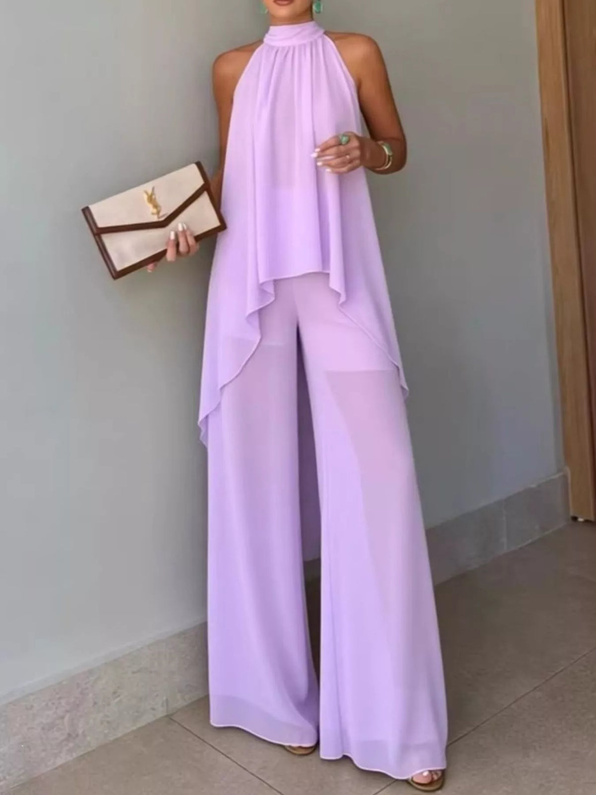 Light Purple High-Low Sleeveless Top & Wide-Leg Pants Set front view