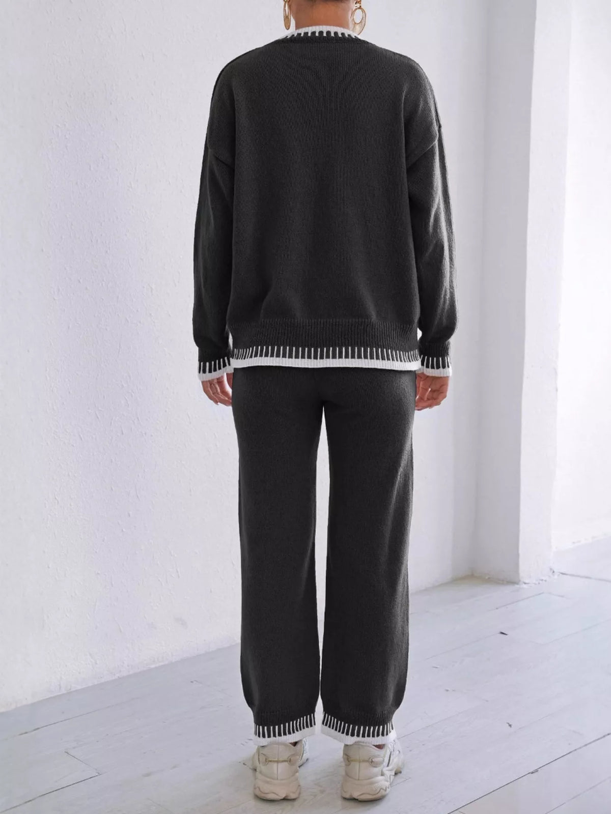 Black Contrast Trim Crew Neck Sweater and Pants Set back view
