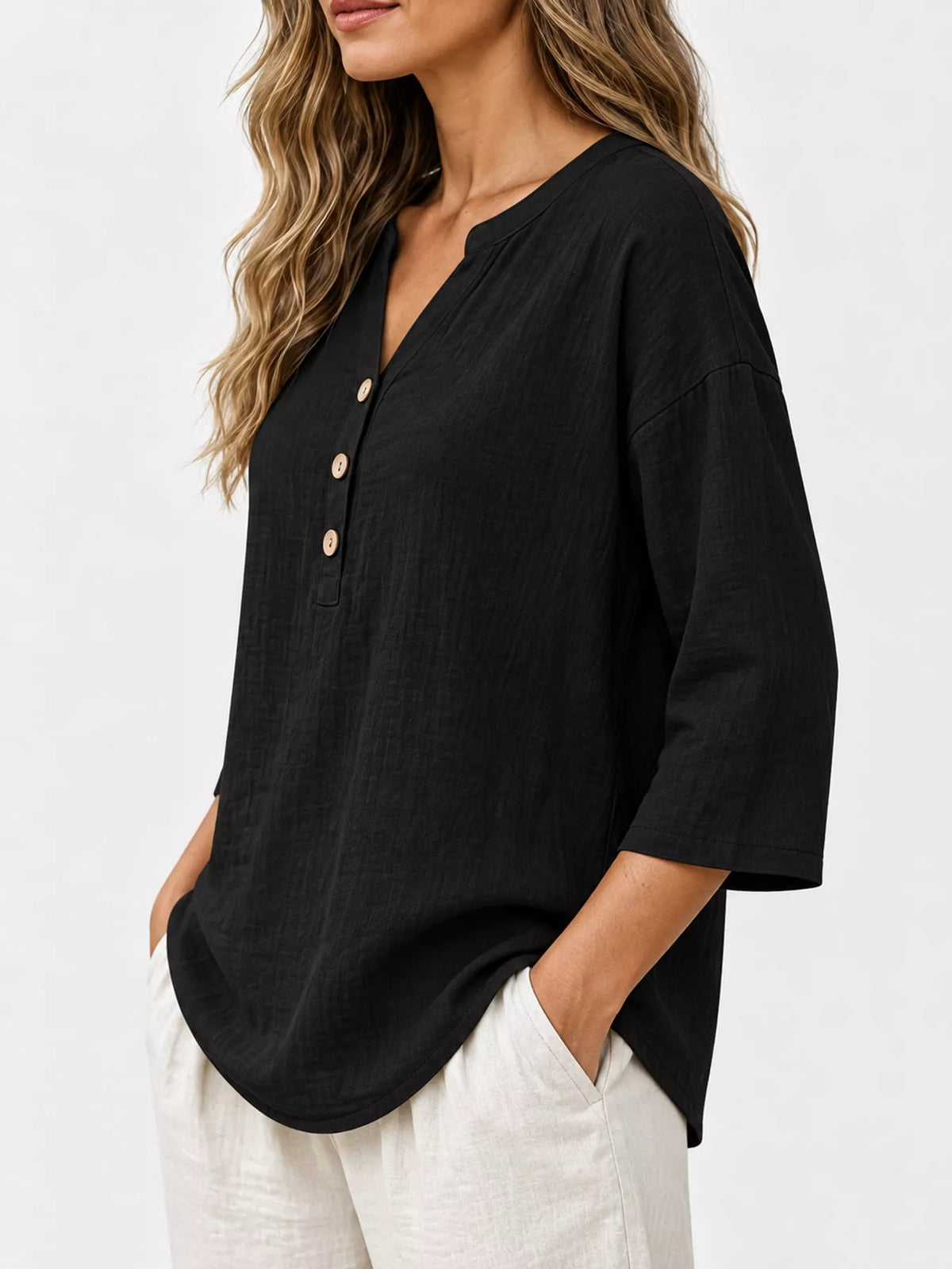 Button Notched 3/4 Sleeve Blouse in black, side view