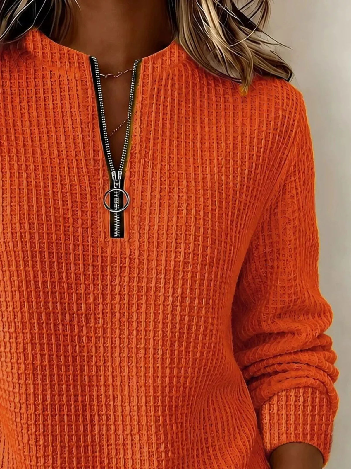Women's Quarter-Zip Waffle Knit Sweatshirt in orange — zipper detail view