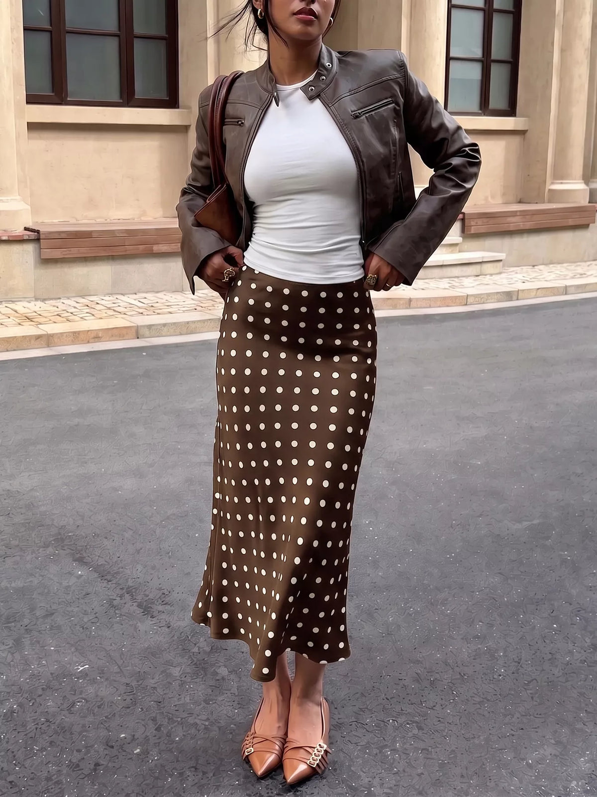Brown and white polka dot midi skirt
