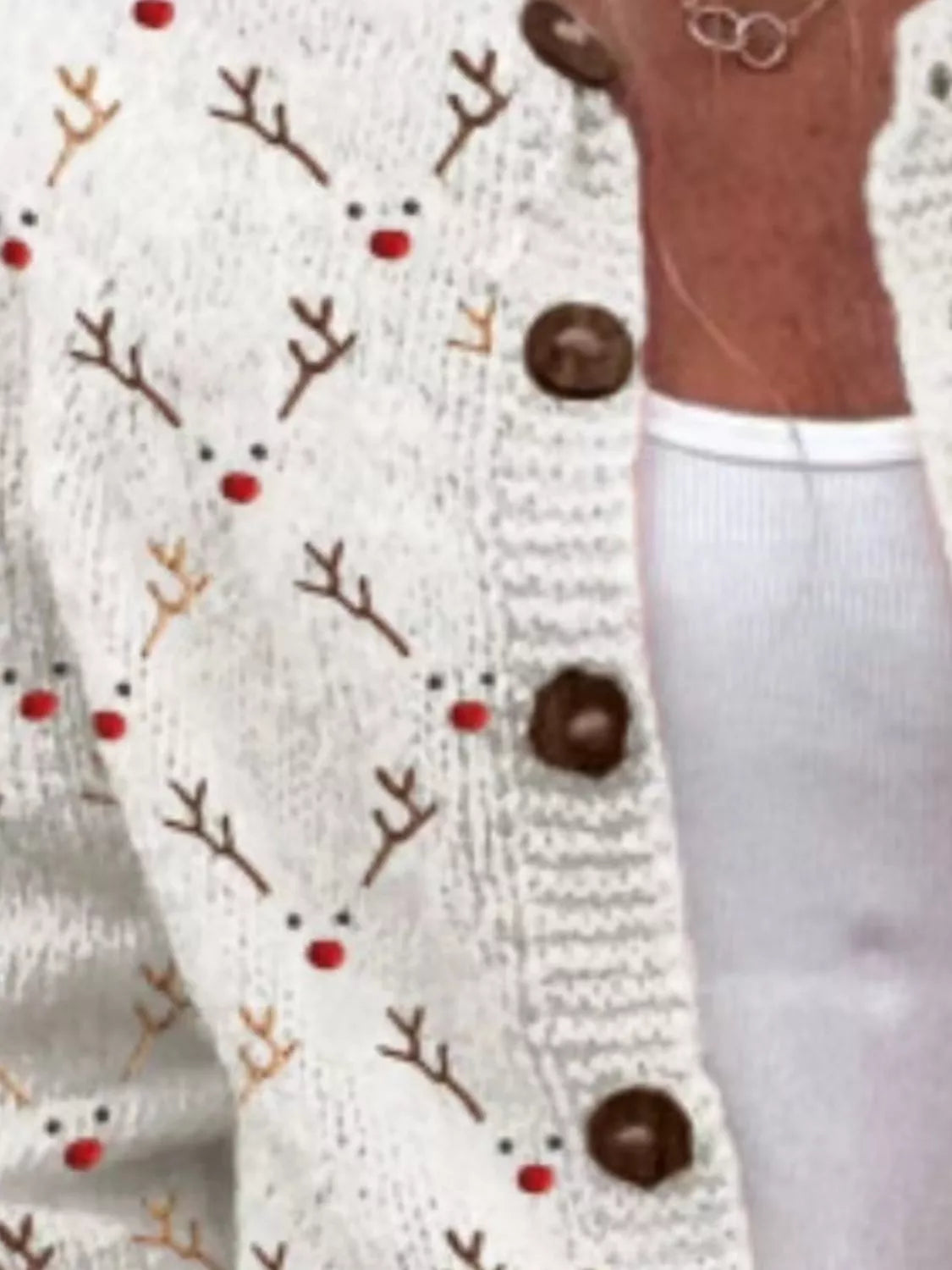Christmas pattern button-down cardigan in white, reindeer motif close-up