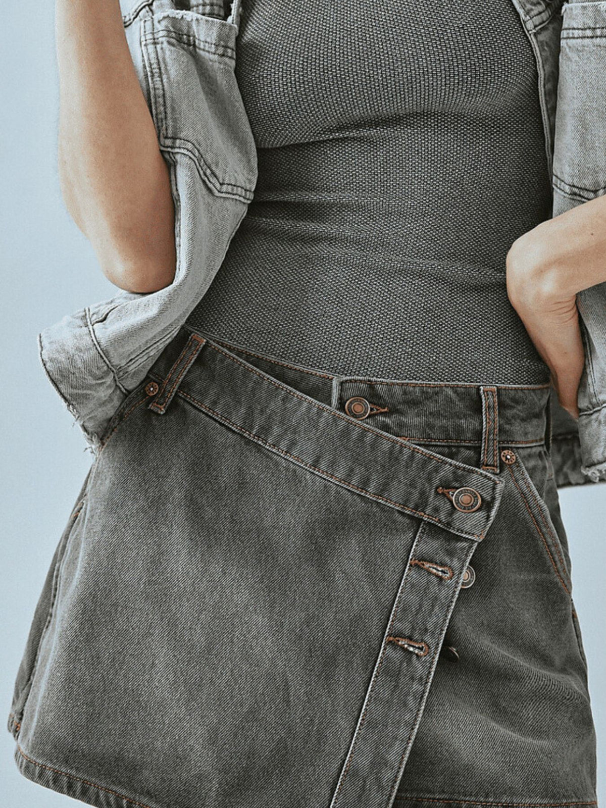 Trendsi Asymmetrical Button-Front Denim Skirt -