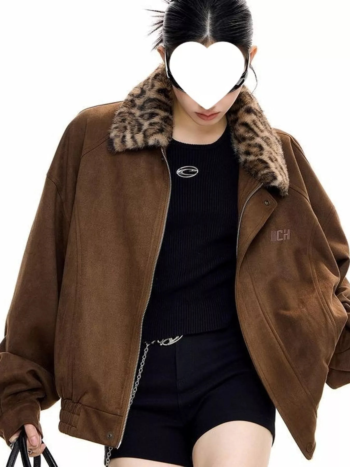 Brown faux fur collar zip up jacket, front view
