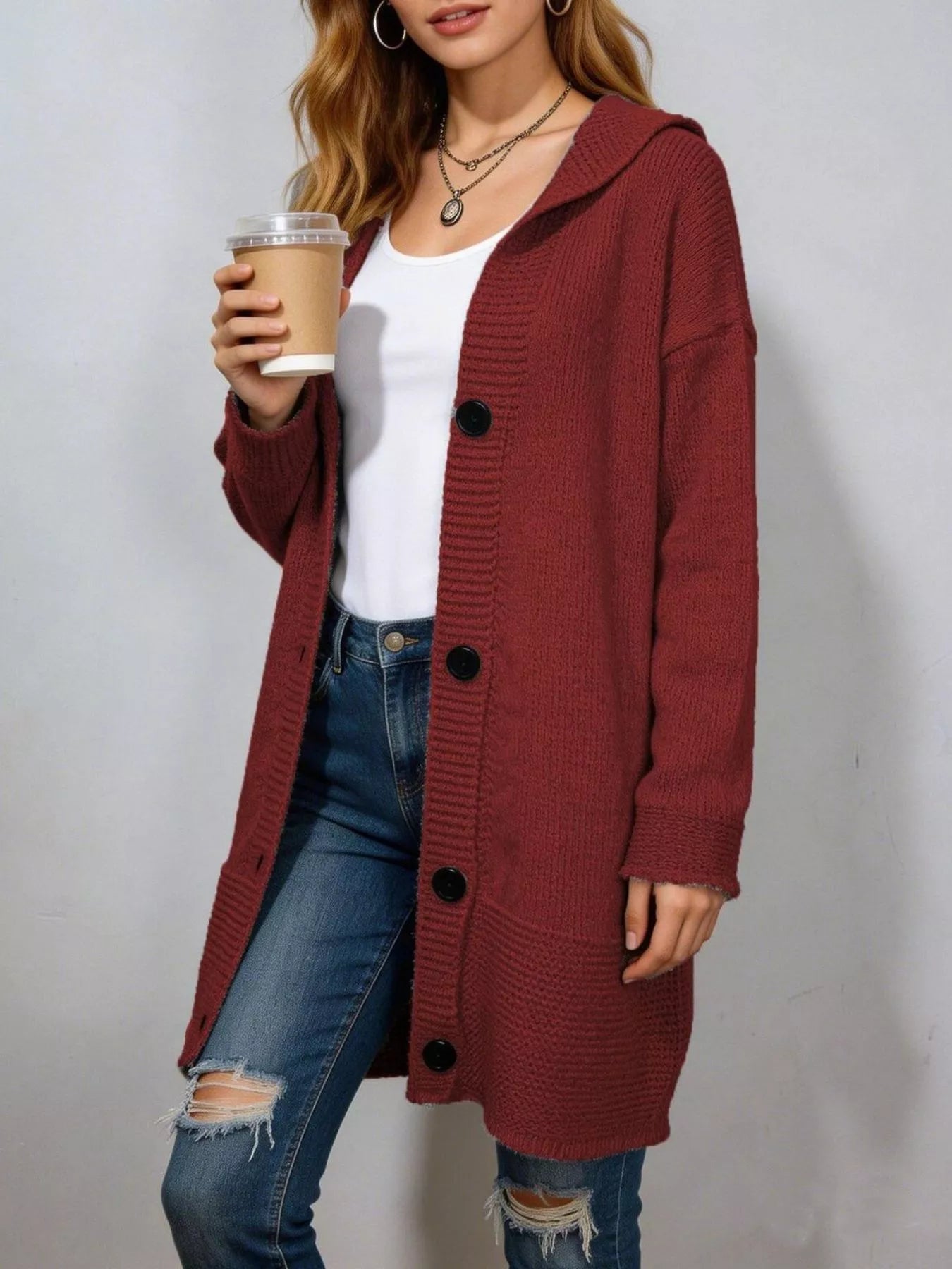 Trendsi Full Size Casual Hooded Button-Down Knit Cardigan Plus Size -
