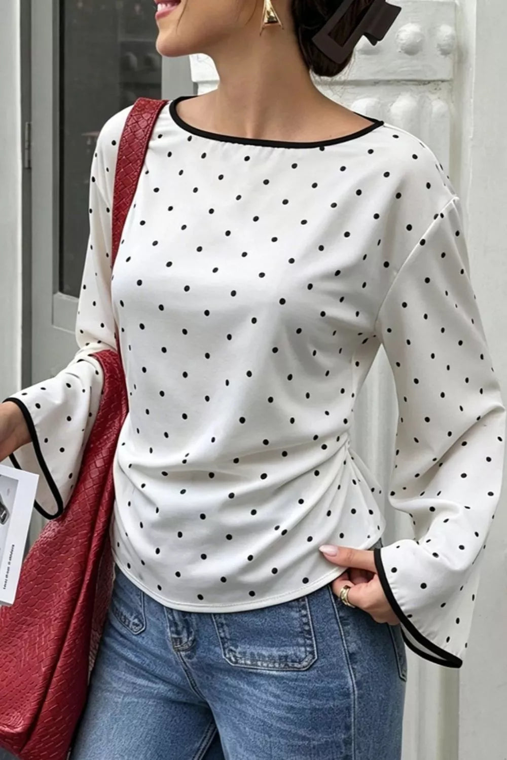 Trendsi Polka Dot Flare Sleeve Blouse -