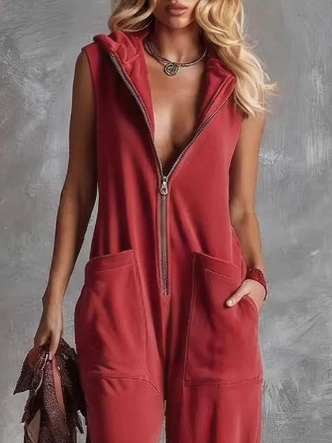 Trendsi Sleeveless Hooded Zip-Front Casual Jumpsuit -
