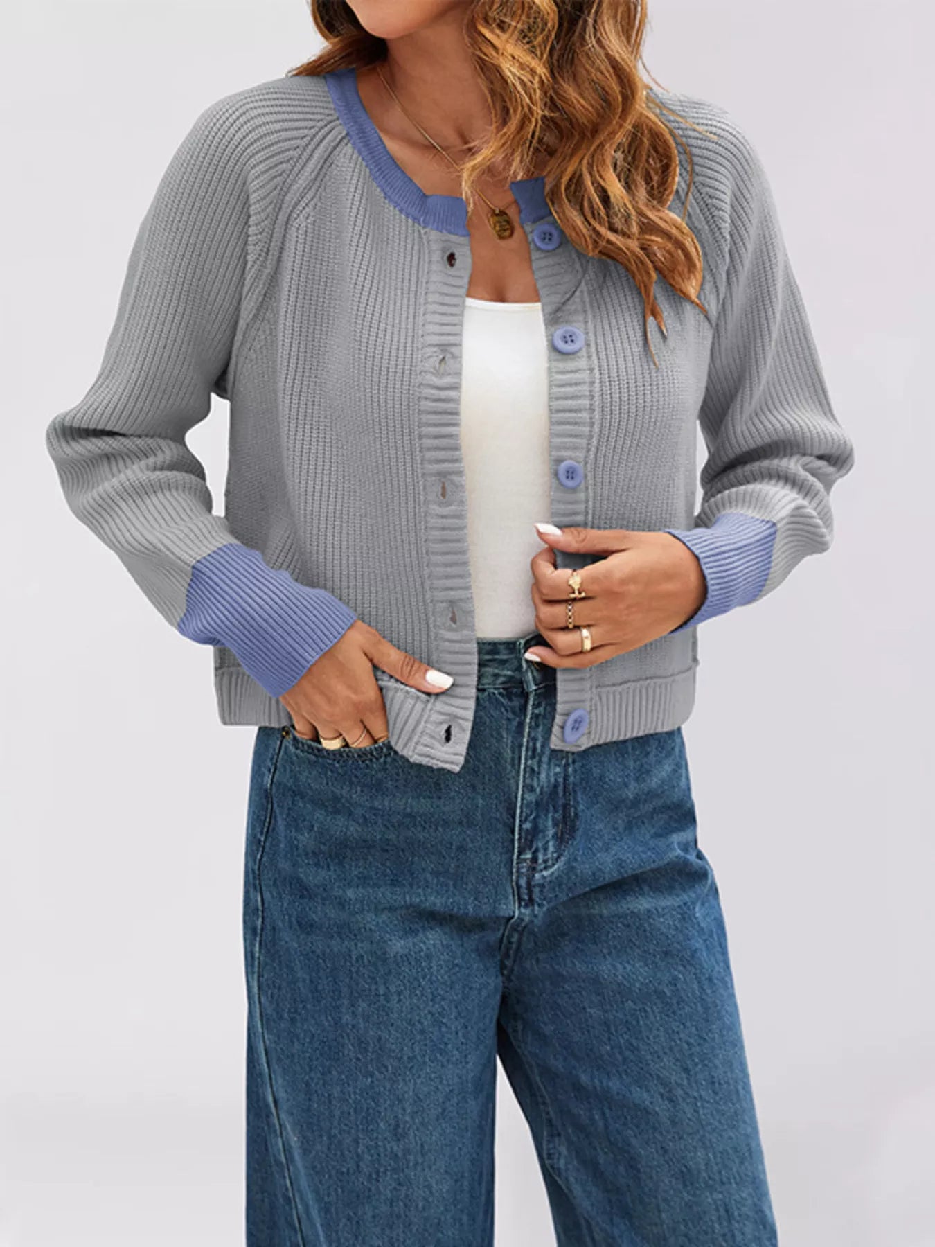 Trendsi Color Block Ribbed Knit Button-Front Cardigan -
