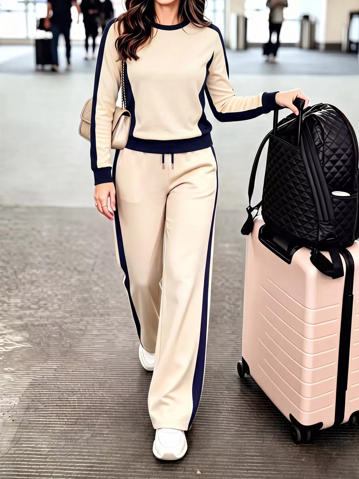 Contrast Side Stripes Top and Pants Set in beige and navy, front view