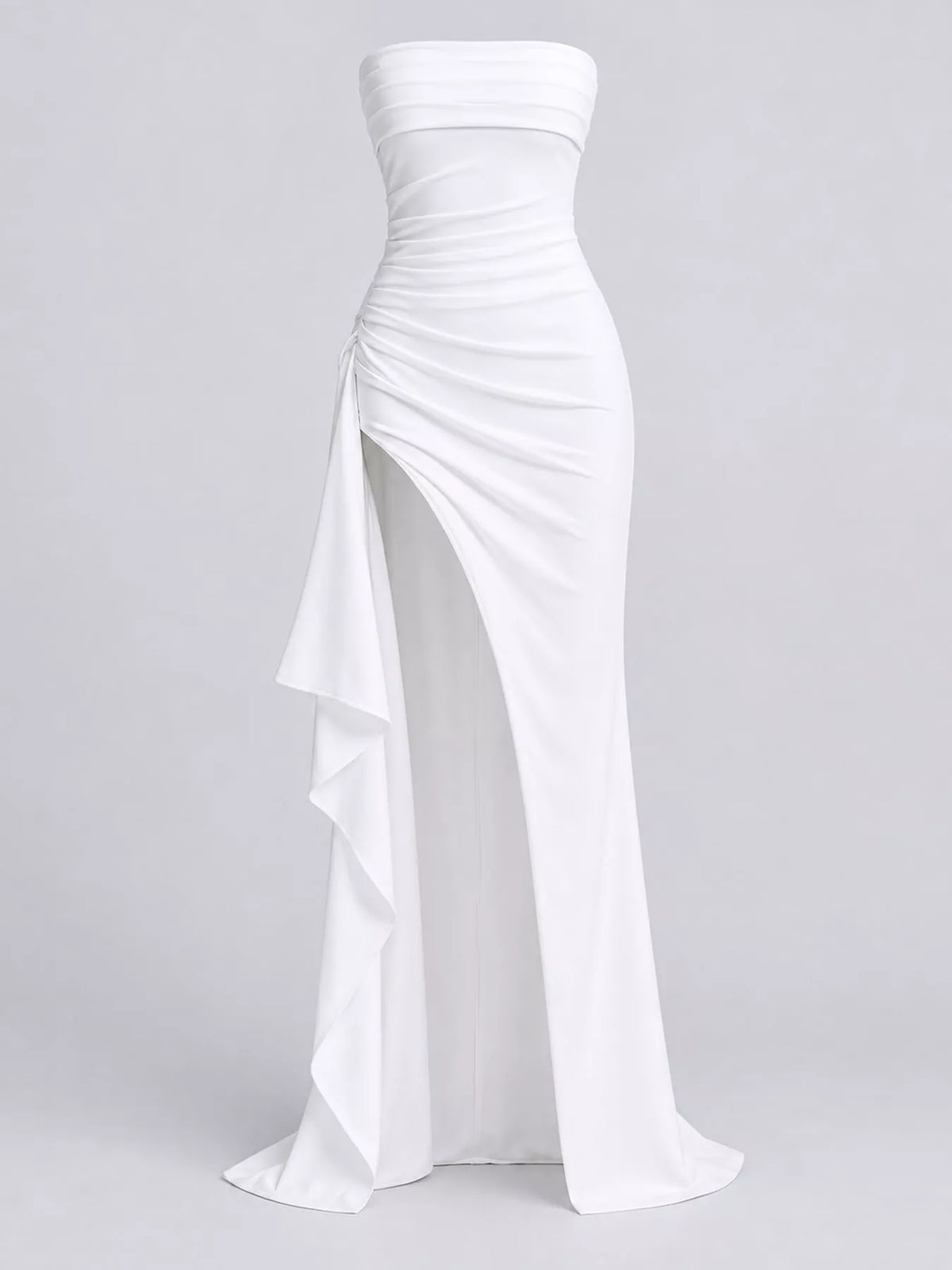 White strapless high slit bodycon maxi evening dress, front view