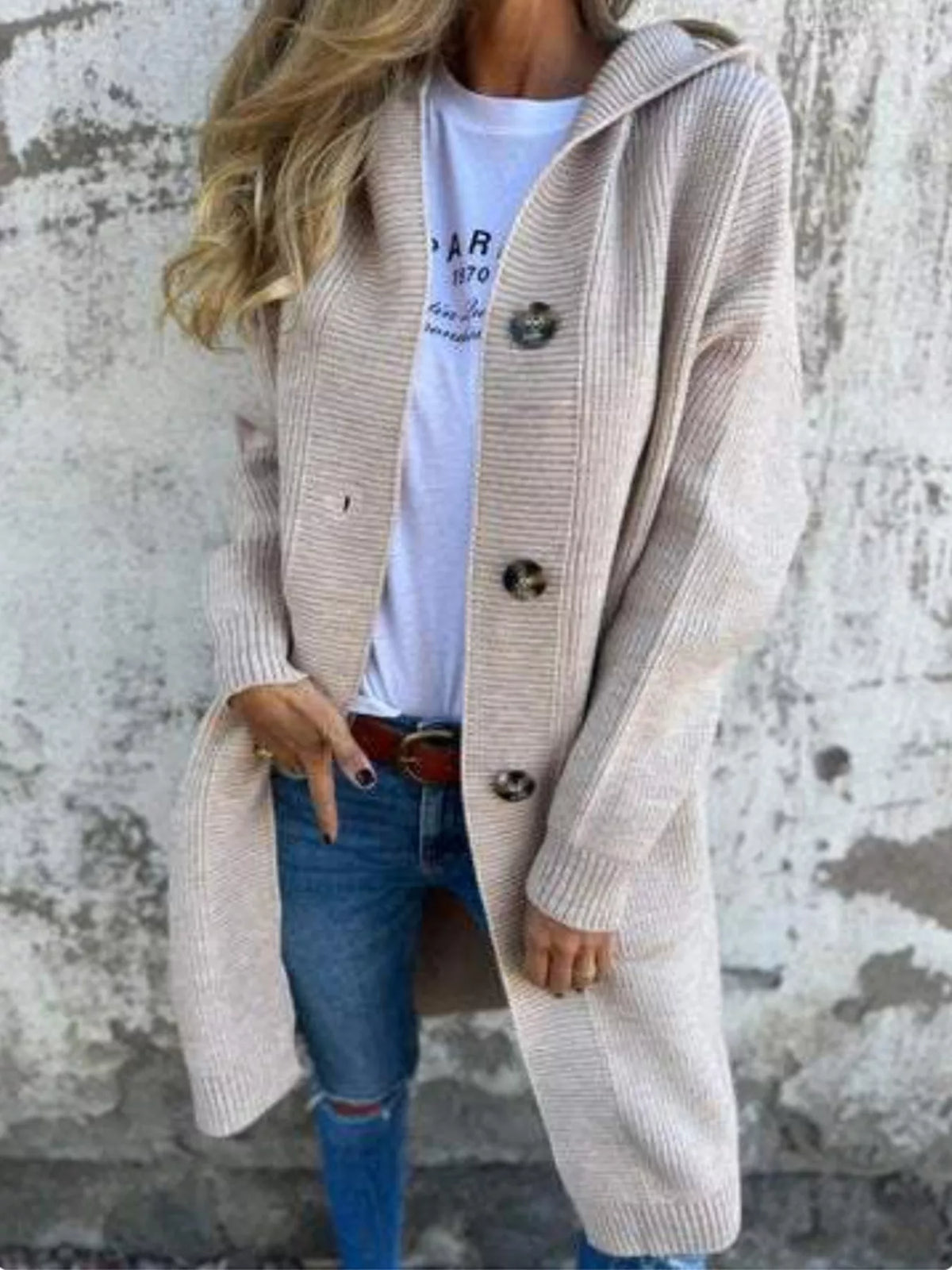 Women's Button-Down Hooded Cardigan in Grey, front view