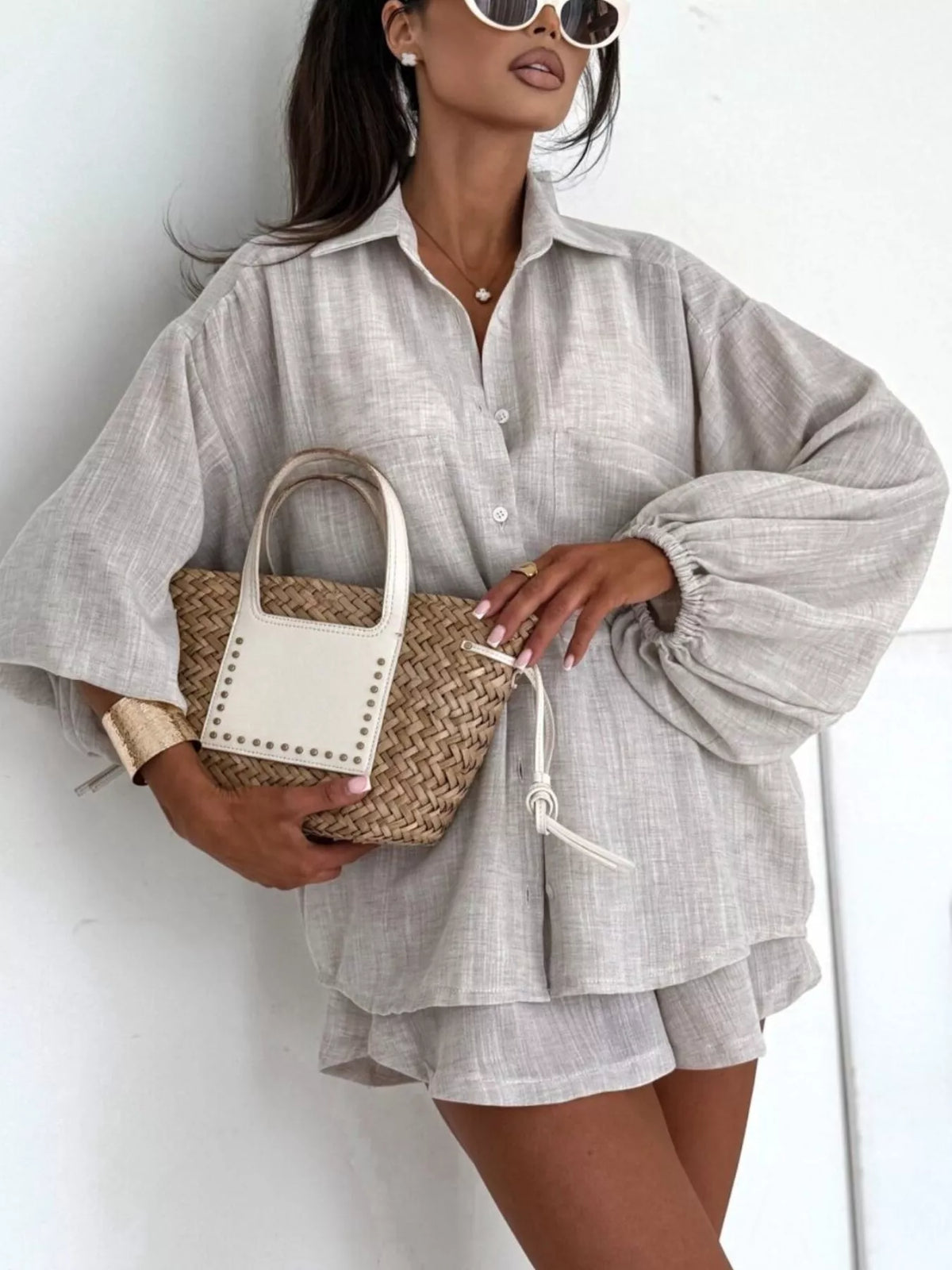 Trendsi Long Sleeve Shirt and High-Waisted Shorts Set -