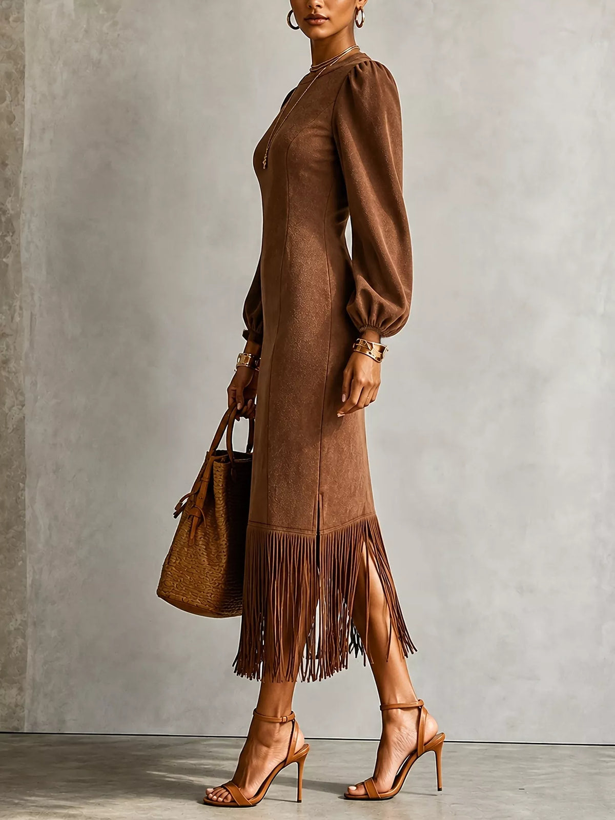 Fringe Balloon Sleeve Midi Dress in brown, side view