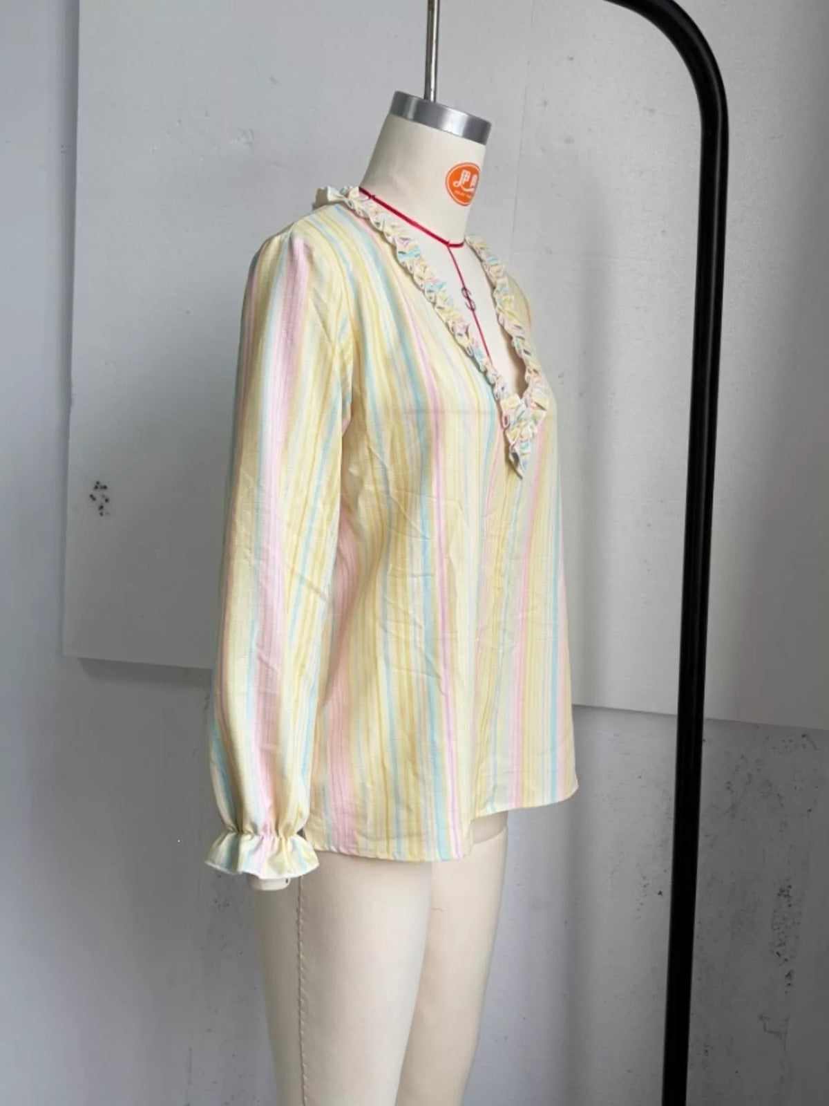 Trendsi Striped Ruffle-Trim V-Neck Blouse -