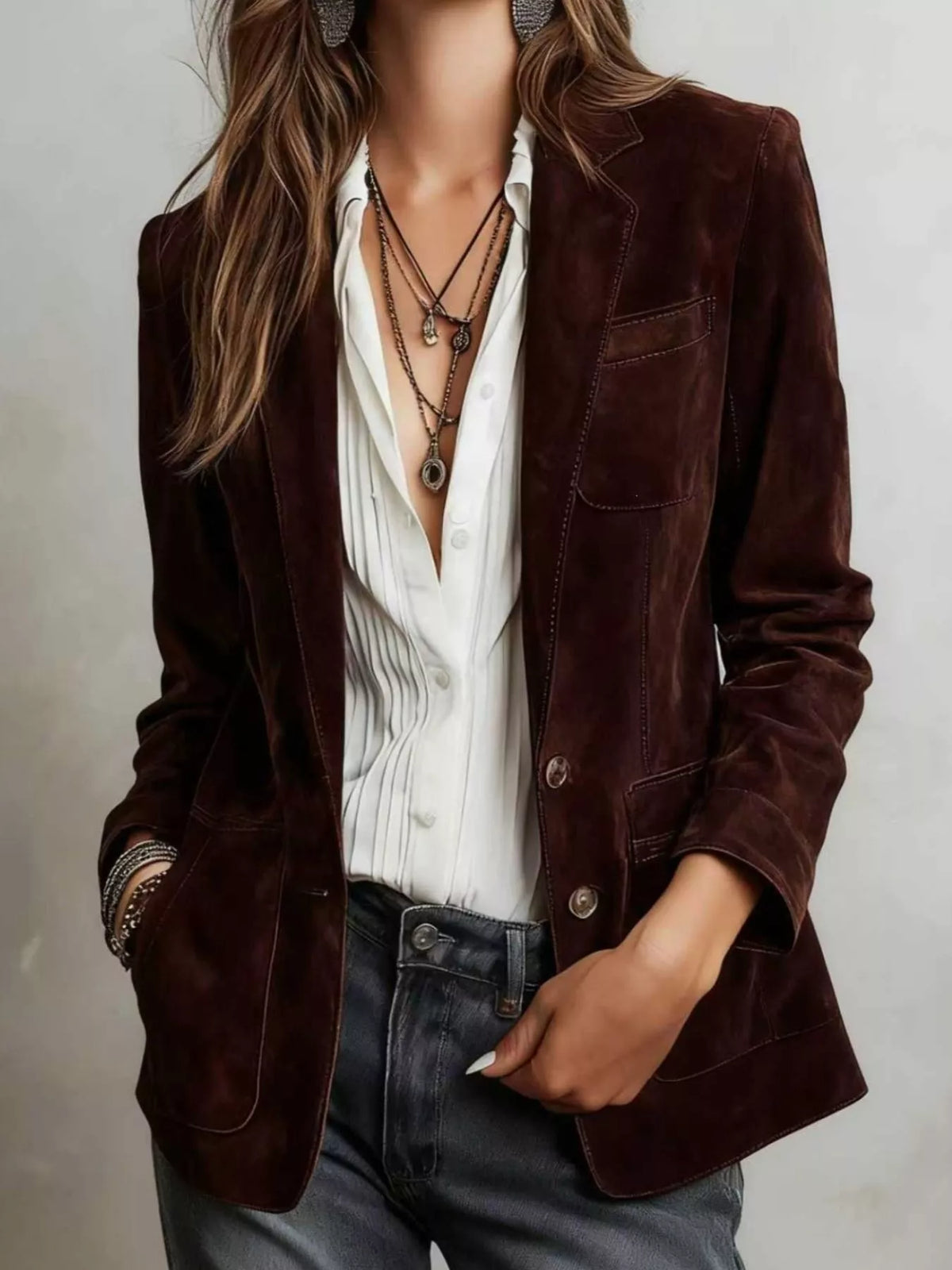 Dark brown button-up blazer with patch pockets