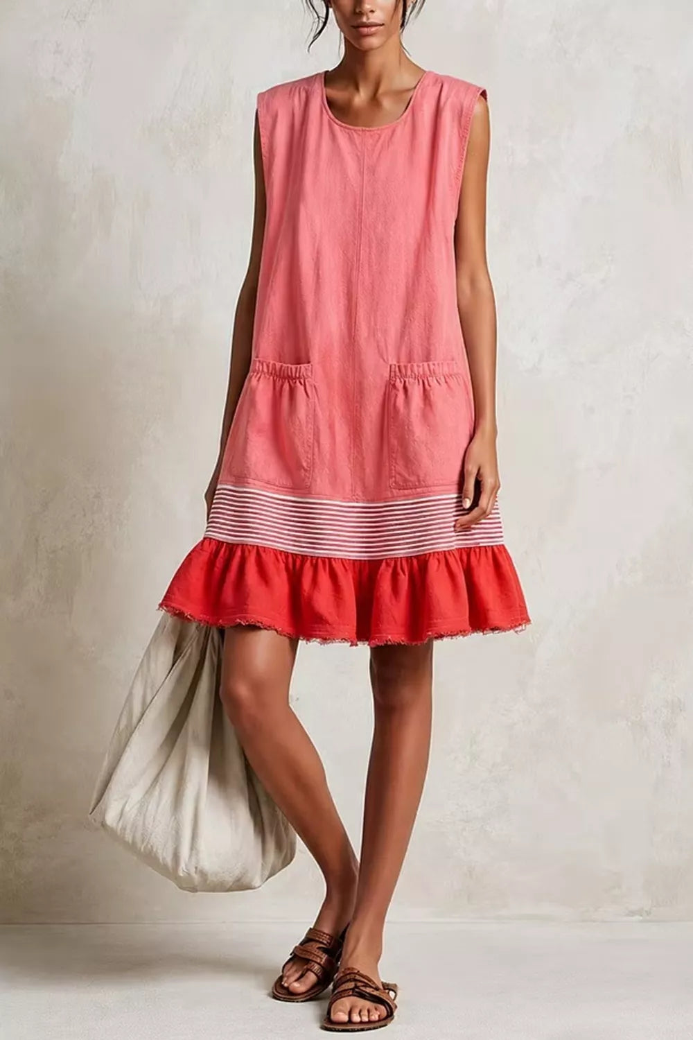 Pink and red ruffled-hem sleeveless dress, front view