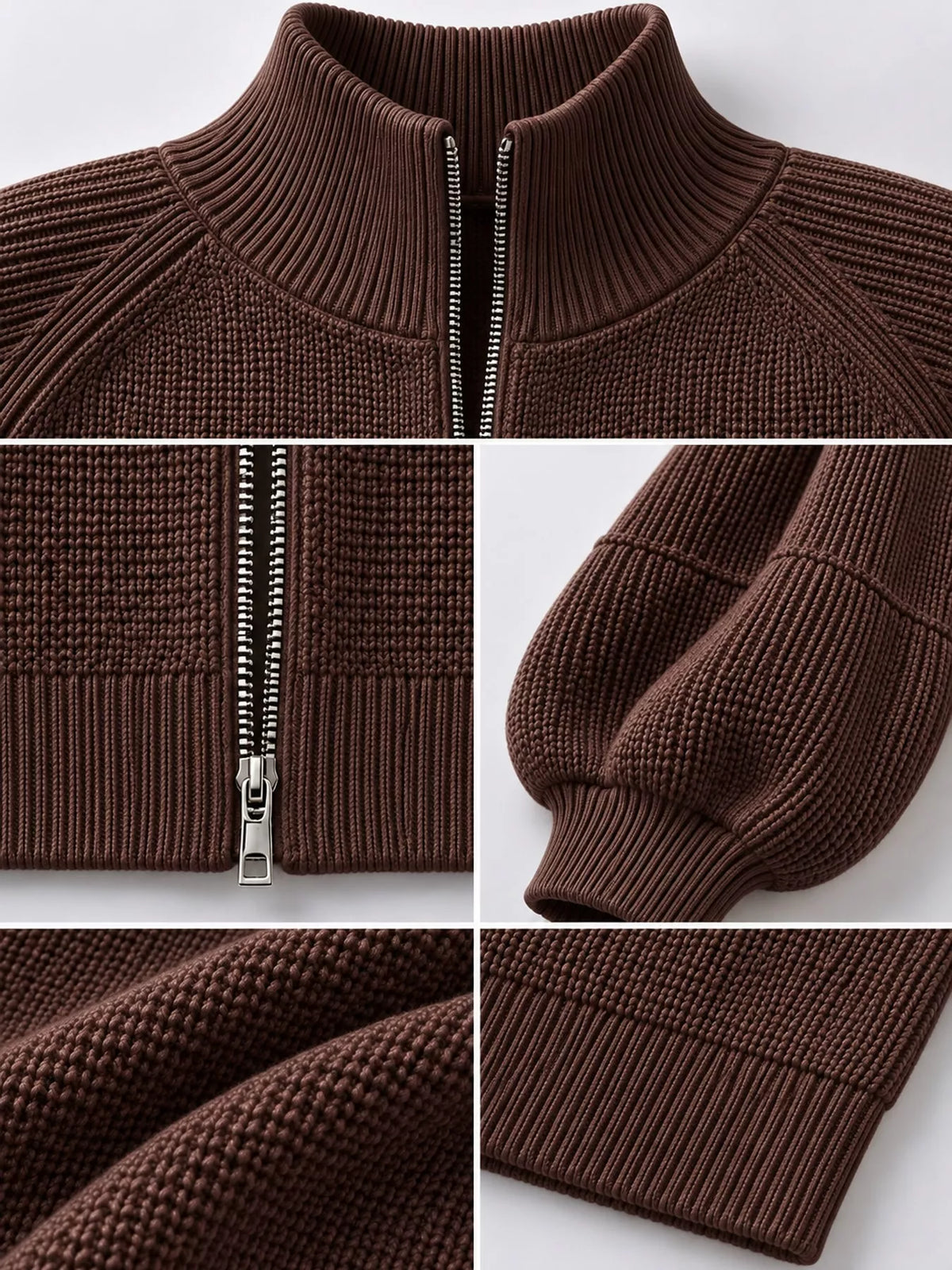 Coffee ribbed knit zip-up lantern sleeve cardigan, detail view