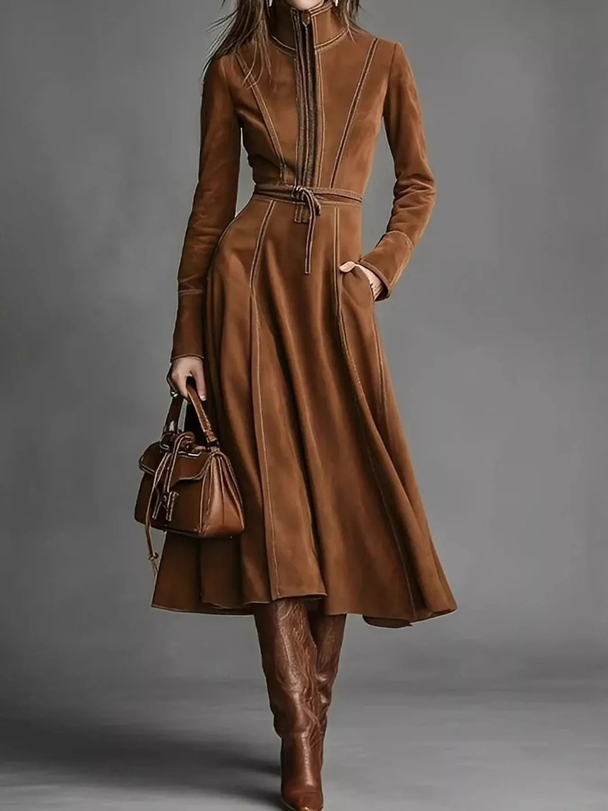 Brown zipper front midi dress, front view